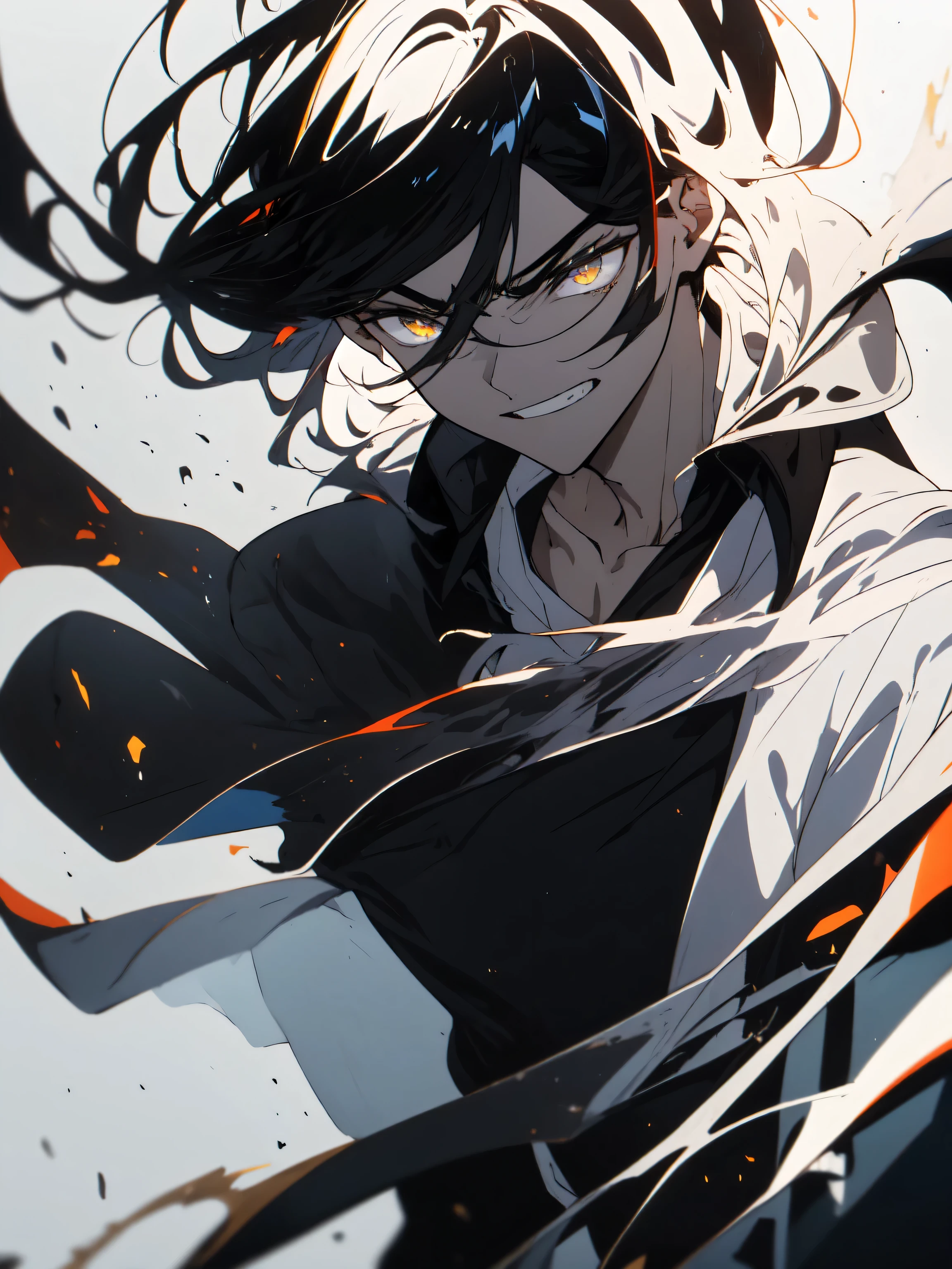 (masterpiece, highest quality)、(shining eyes), ((one young man)),black hair,amber eyes,serious expression, wicked smile,Upper body,line drawing,messy hair、Habitual hair、messy hair、medium hair,white blazer,black t-shirt,expressionless eyes,((beautiful anime style))