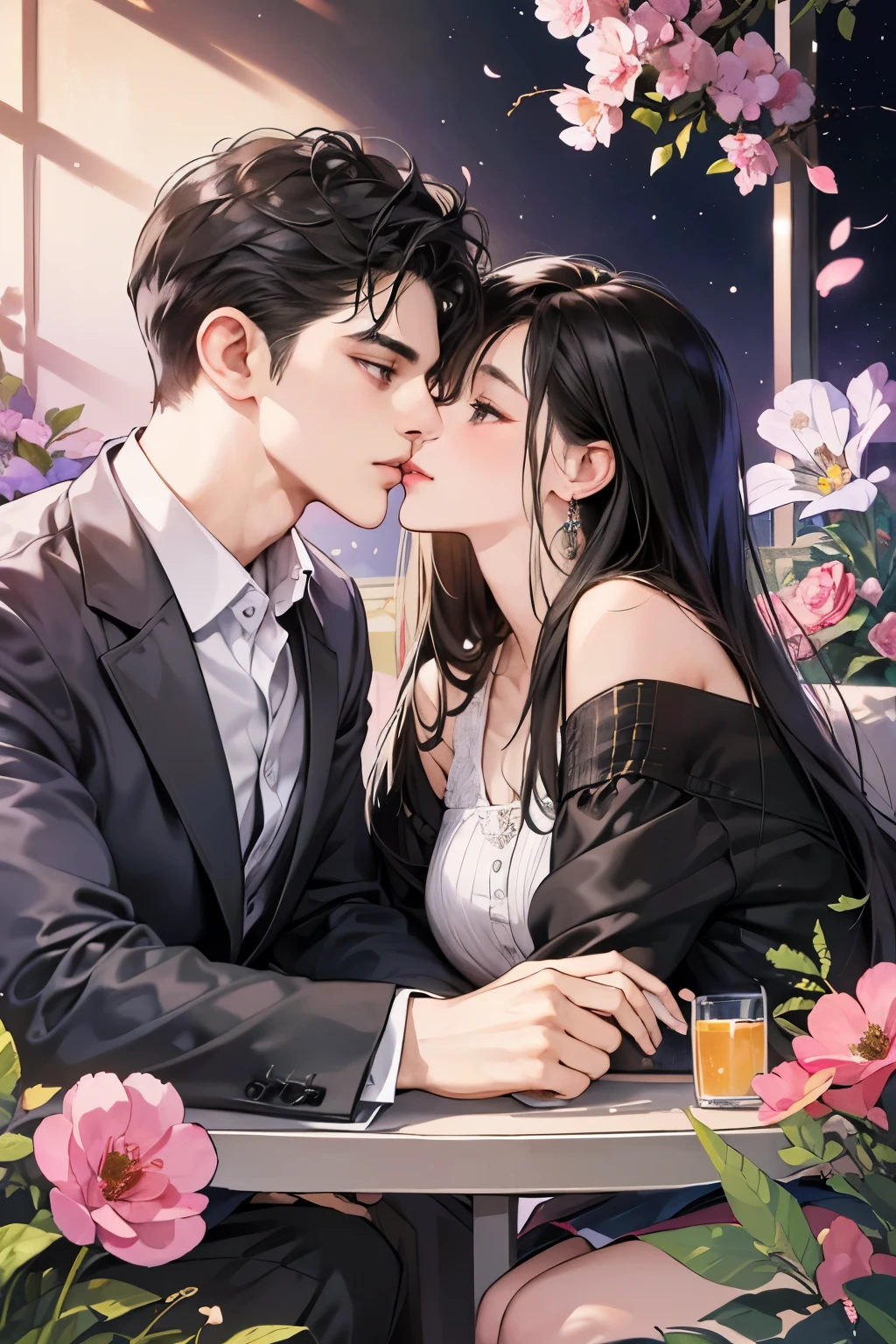 (table top, digital art, digital illustration, 4k, 8k, Super detailed, beautiful images, clear image, realistic, RAW photo, perfect face, perfect lines, perfect eyes, soft lighting) ,1 female, (long black hair,straight hair,bullish look,Beautiful woman,small breastake up well,23 years old,:1.3),Two handsome men in suits, (human,muscular,solid shoulder width, human,boyish hairstyle,English gentleman'Style,A man in his 30s with a cool expression,28 year old man with a bright 笑顔:1.2),Show your white teeth and 笑顔(embarrassing,shy smile:1.1),garden full of light、Squirting、resort sofa、colorful flowers、couple、coupleキス、romance porn、ハグし合うcouple、look at each other、bar、bar、counter