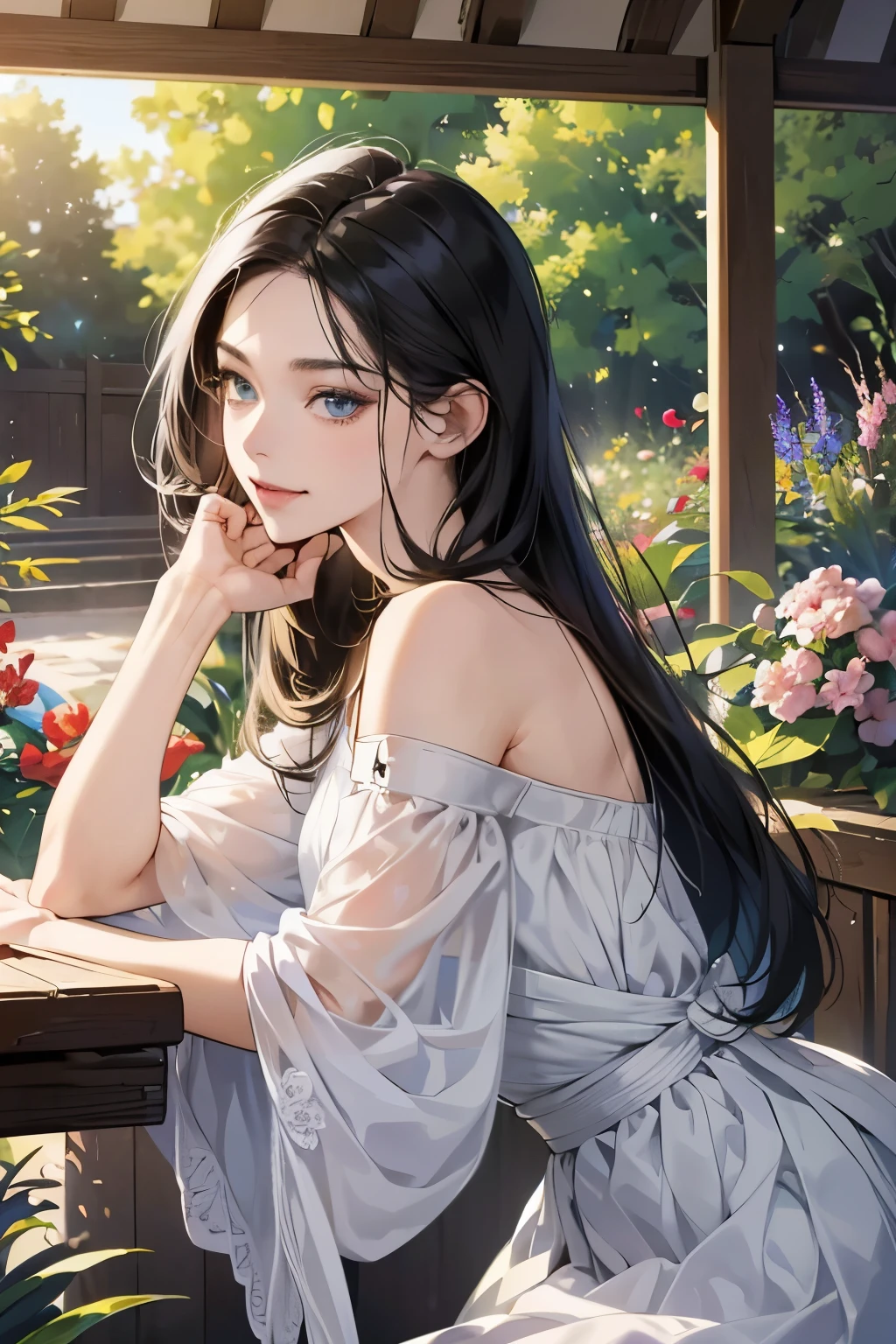 (table top, digital art, digital illustration, 4k, 8k, Super detailed, beautiful images, clear image, realistic, RAW photo, perfect face, perfect lines, perfect eyes, soft lighting) ,1 female, (long black hair,straight hair,bullish look,Beautiful woman,small breastake up well,23 years old,:1.3),Two handsome men in suits, (human,muscular,solid shoulder width, human,boyish hairstyle,English gentleman&#39;Style,A man in his 30s with a cool expression,28 year old man with a bright 笑顔:1.2),Show your white teeth and 笑顔(embarrassing,shy smile:1.1),garden full of light、Squirting、resort sofa、colorful flowers、couple、coupleキス、romance porn、ハグし合うcouple、look at each other、bar、bar、counter