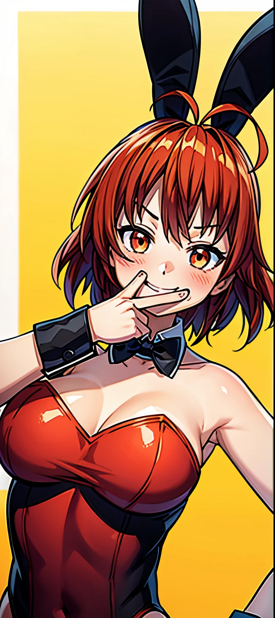 1 petit girls, single, alone, Beautiful Anime Petit Girl,
((light orange eyes,half opened mouth,blush:1.5,big smile,
short hair:2.0, wavy hair, messy hair:1.2, Ahoge, long bangs, red hair)),((big breasts)),((playboy bunny,black leotard,))