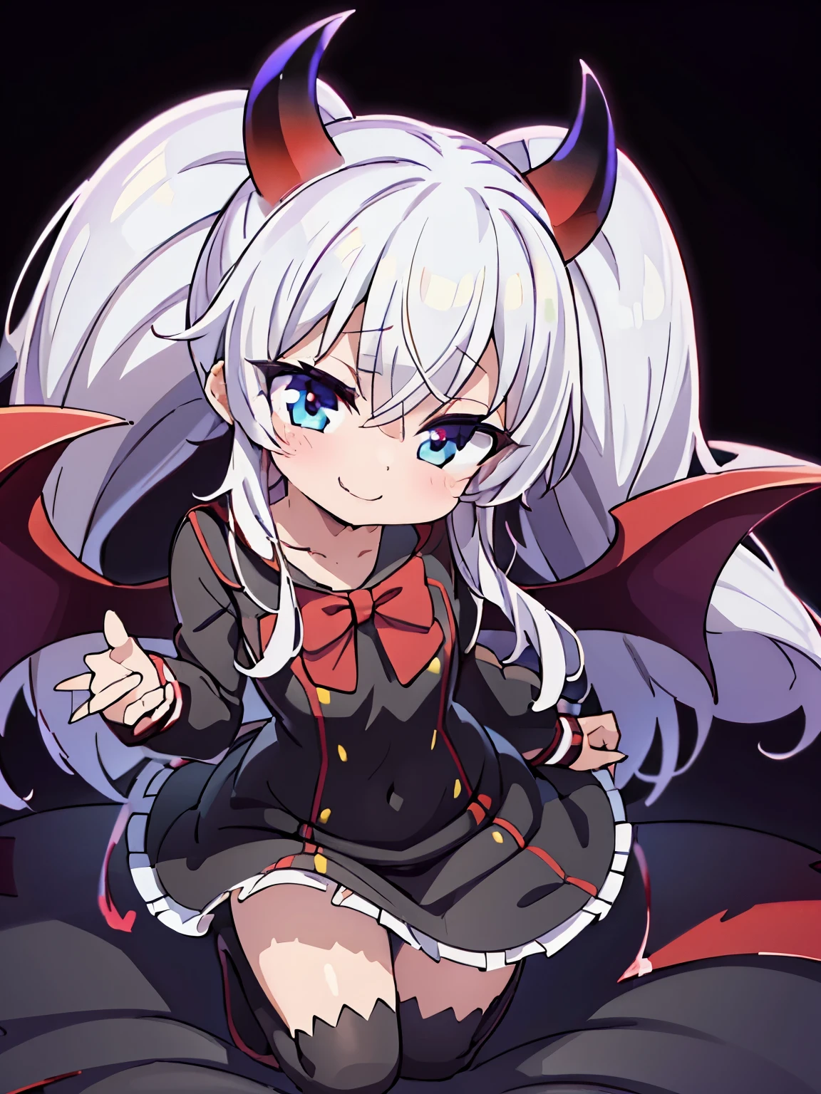 (grim aloe), demon horns, demon wings, demon tail, black dress, dynamic pose, full body, light smile, blush, stylish pose, (masterpiece), (best quality), (ultra-detailed), (illustration), (an extremely delicate and beautiful), game cg, beautiful eyes, heart-shaped eyes, dynamic angle, intense angle,