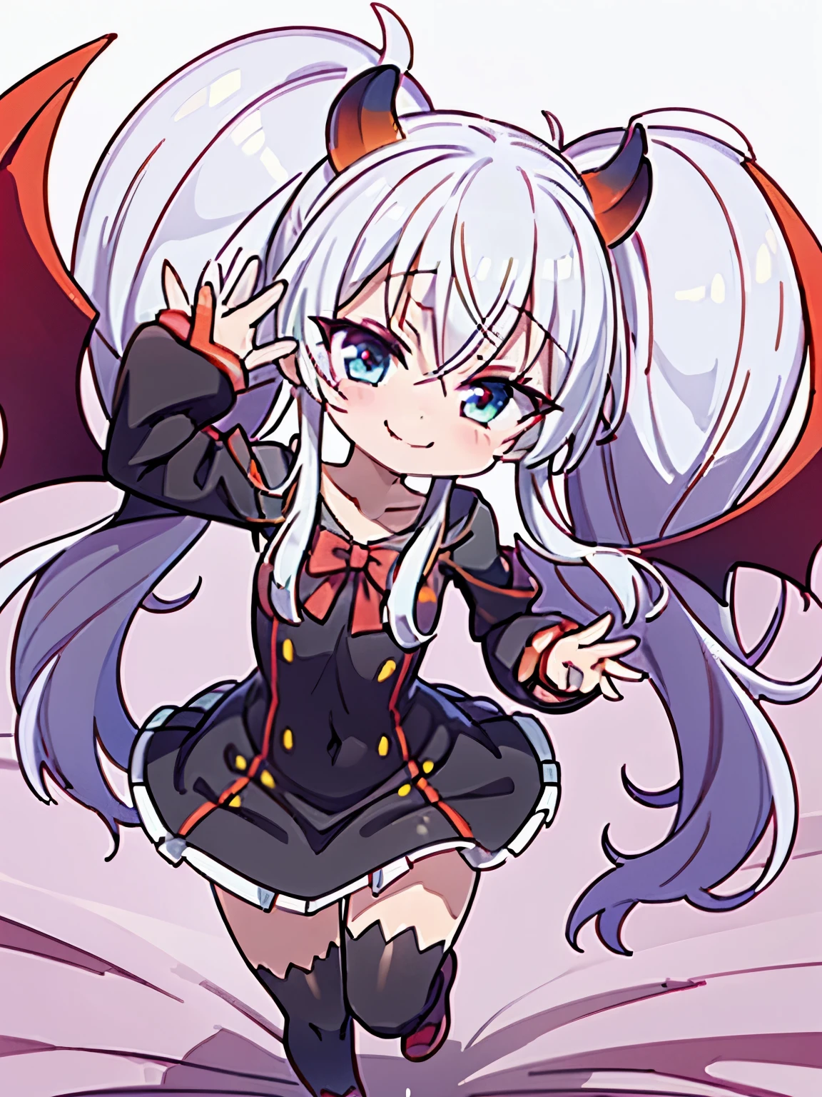 (grim aloe), demon horns, demon wings, demon tail, black dress, dynamic pose, full body, light smile, blush, stylish pose, (masterpiece), (best quality), (ultra-detailed), (illustration), (an extremely delicate and beautiful), game cg, beautiful eyes, heart-shaped eyes, dynamic angle, intense angle,