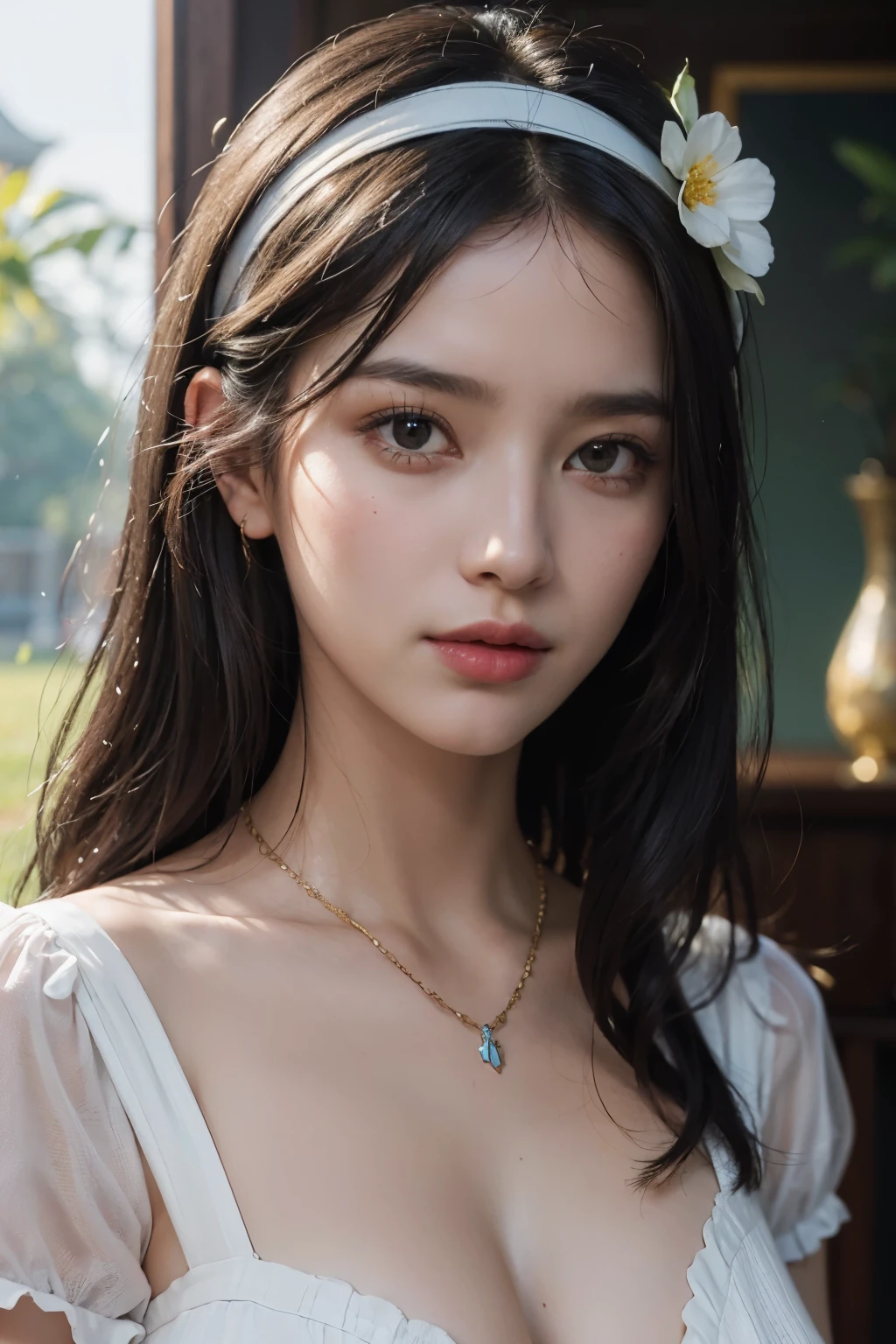 (photorealistic:1.4),8k,(masterpiece), best quality, highest quality, (detailed face:1.5),original,highres, unparalleled masterpiece, ultra realistic 8k, perfect artwork, ((perfect female figure)),mature female, milf, narrow waist, skinny,detailed skin,depth of field,
1girl, solo, black hair, hairband, realistic, long hair, lips, holding flower, indoors, short sleeves,standing, (full body:1.2), window,jewelry,necklace, bracelet,china dress, shelf, classic theme,sunlight, nature light ,(kahuka1:1.2), looking outside,cinemagraph,