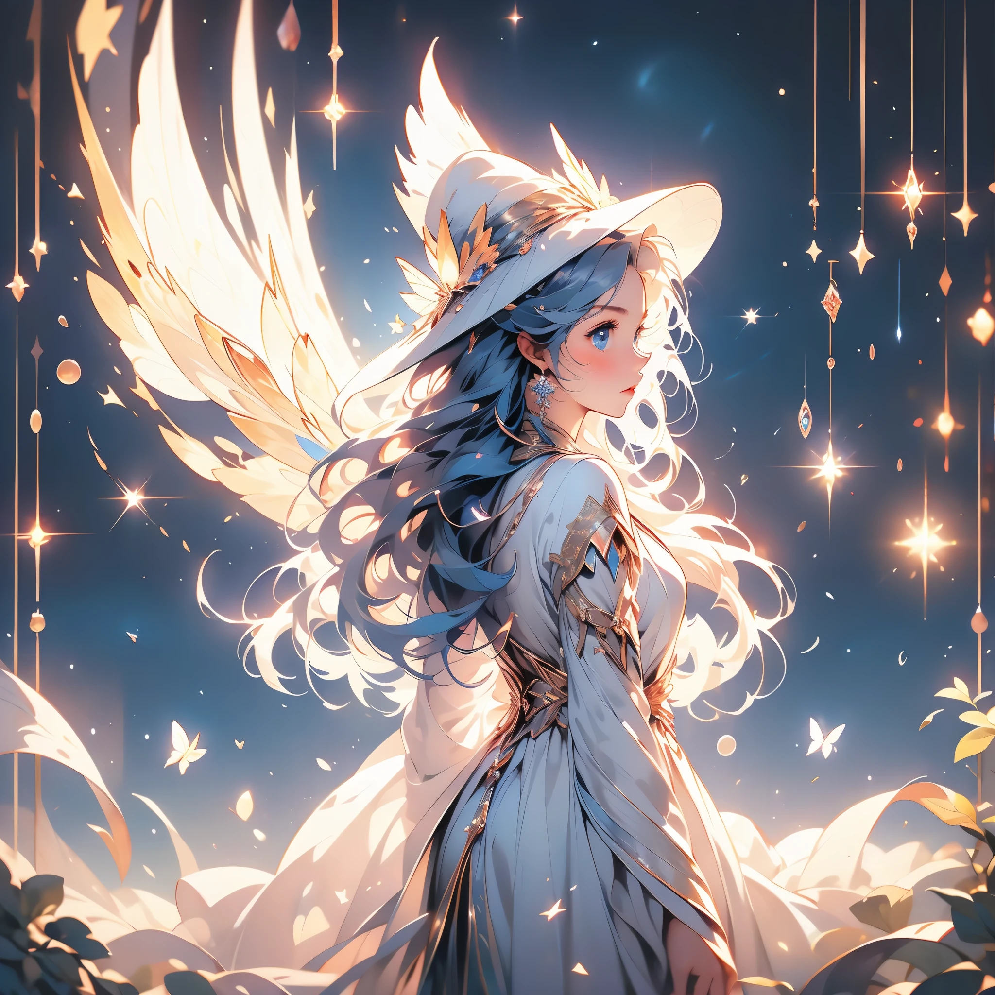 best quality,masterpiece,16k,1girl,aurora,blue eyes,blue hair,constellation,constellation print,diffraction spikes,dress,earrings,earth \(planet\),fireworks,galaxy,glint,hat,jewelry,light particles,light rays,light trail,long hair,Energy circle,Magic Formation,Concentric circle,long sleeves,magic,magic circle,milky way,night,night sky,planet,shooting star,sky,solo,space,sparkle,sparkle background,star \(sky\),star \(symbol\),starry background,starry sky,starry sky print,very long hair,wings
