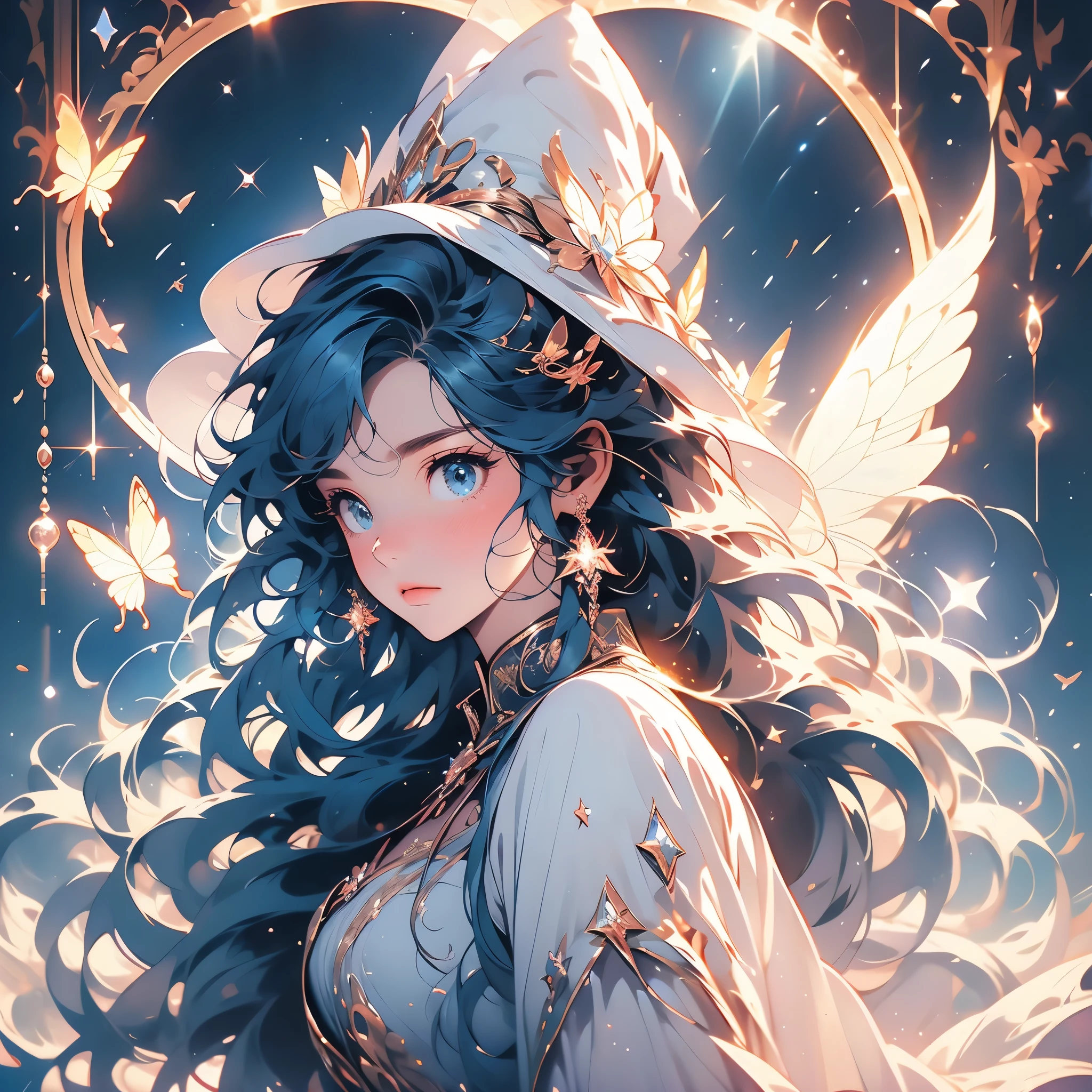 best quality,masterpiece,16k,1girl,aurora,blue eyes,blue hair,constellation,constellation print,diffraction spikes,dress,earrings,earth \(planet\),fireworks,galaxy,glint,hat,jewelry,light particles,light rays,light trail,long hair,Energy circle,Magic Formation,Concentric circle,long sleeves,magic,magic circle,milky way,night,night sky,planet,shooting star,sky,solo,space,sparkle,sparkle background,star \(sky\),star \(symbol\),starry background,starry sky,starry sky print,very long hair,wings
