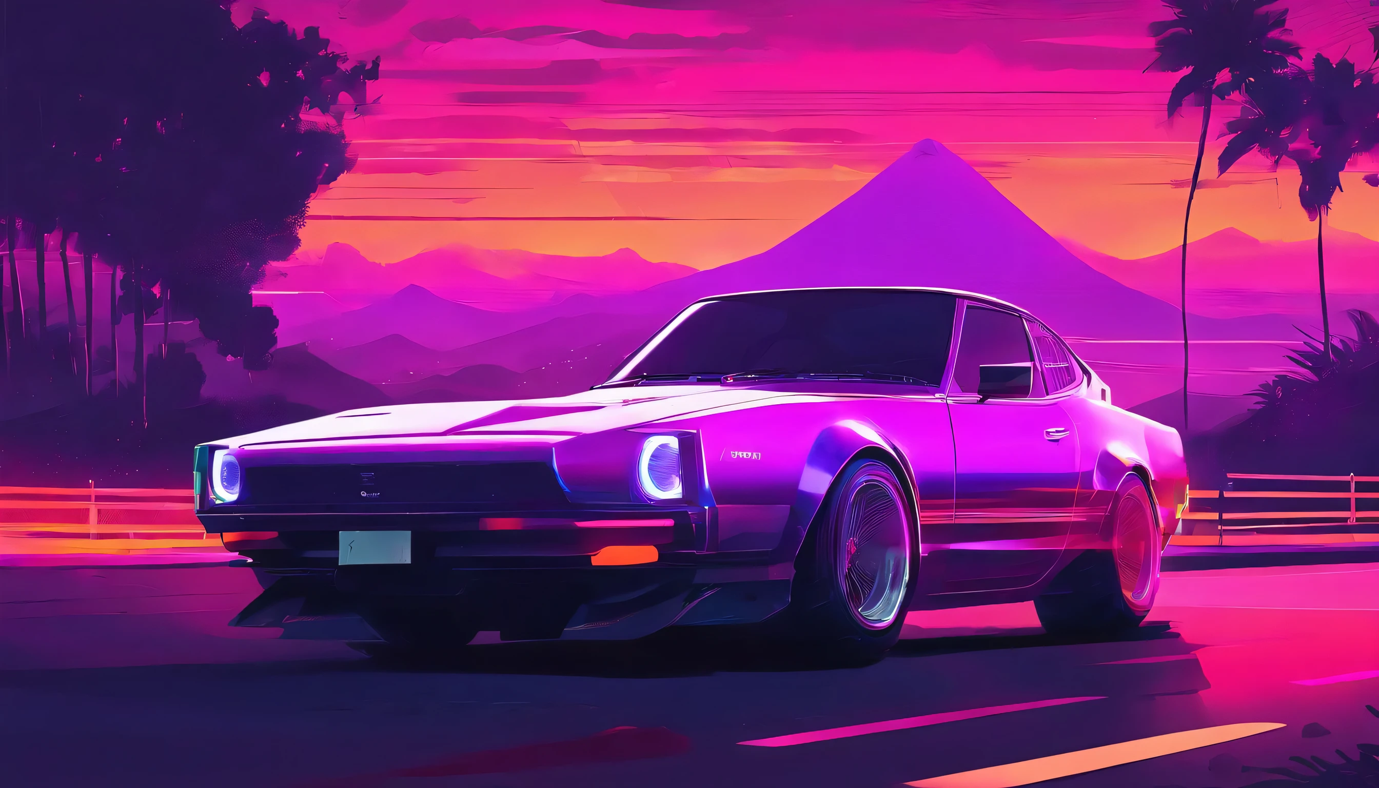 retrowave wool. city, Nissan C30 1969., Wide body kit, road, purple neon lights, Sun, mountain, (Masterpiece,detailed,A high resolution),