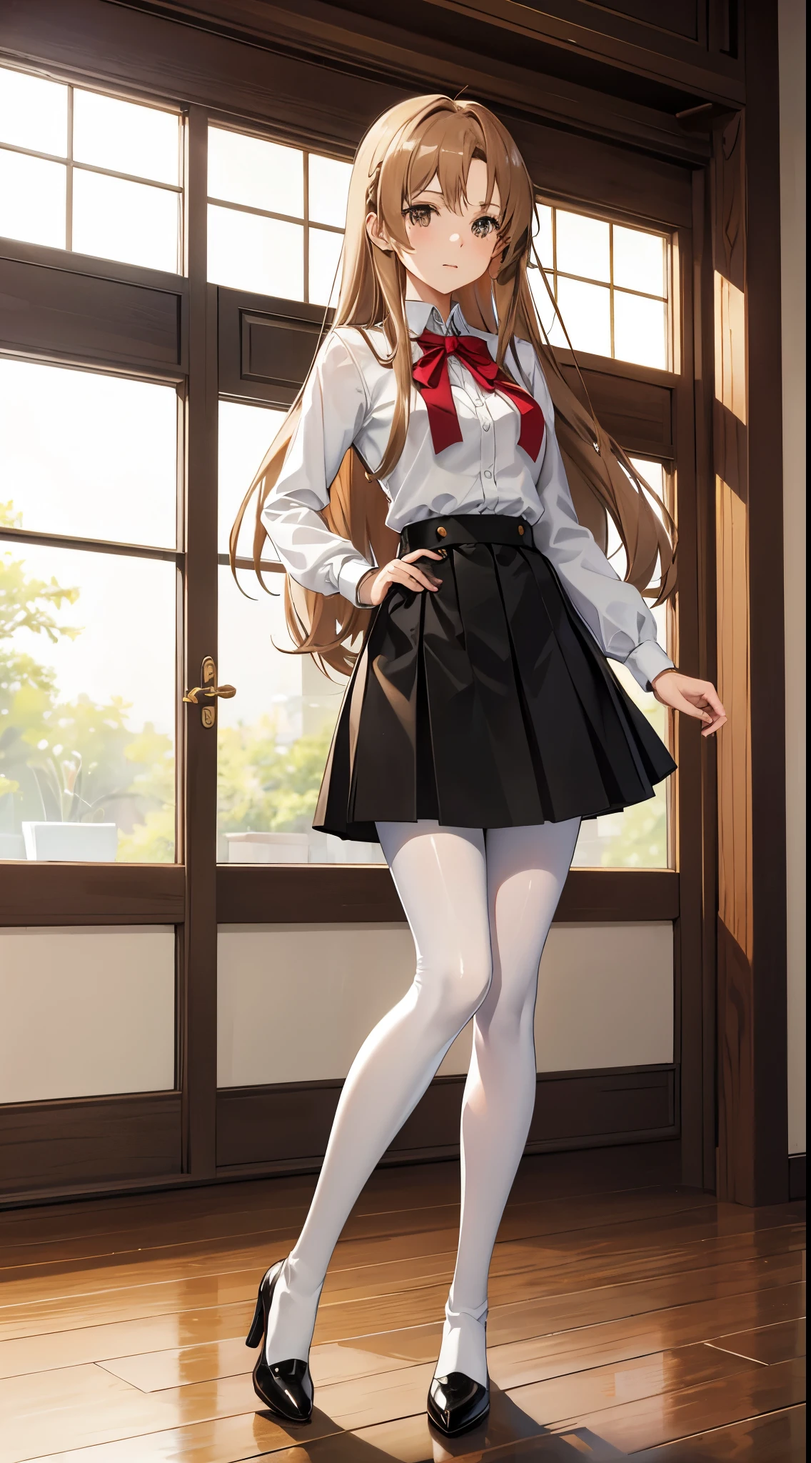 Asuna from Sword Art Online with light brown hair wearing a white collared shirt, a black skirt, pantyhose and high heel boots
