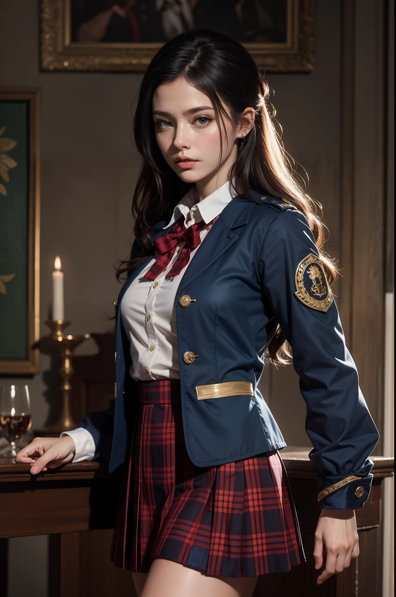 ((photorealism, high quality, detail, masterpiece, best quality:1.2)), (more than half of the body) A young girl from a fictional European medieval aristocracy, a student of the Academy of Magic, looks at us with seductive eyes... (she stands half-turned, holding her skirt with her hands), she is dressed in a student uniform, (dark blue) short jacket made of fabric (velvet) ((gold trim, patch on the sleeve)), (red) plaid (long) pleated skirt, (black) thick hair, side braid, green eyes. Magical atmosphere, Magic Academy, fantasy art, this work is done in very realistic colors.She is characterized by artistic expressiveness.