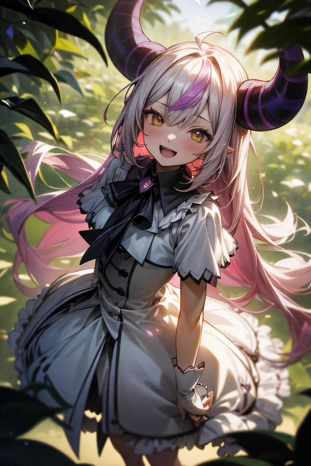 ((Laplus darknesasterpiece)), ((Masterpiece)), (Anime:1.5), ((best quality)), (RAW photo:1.2), (High Definition:1.3), (Professional Photography:1.2), (chromatic aberration), 1girl, ((12years old)), put on devil horns, (laughing face), White, Beautiful flowers bloom, spoken heart, (There is a blooming camellia),standing under a tree, (head looking up), Look at the tree, Natural soft light, macaron, Still ethereal, radiant morning light, soft luminescent glow,