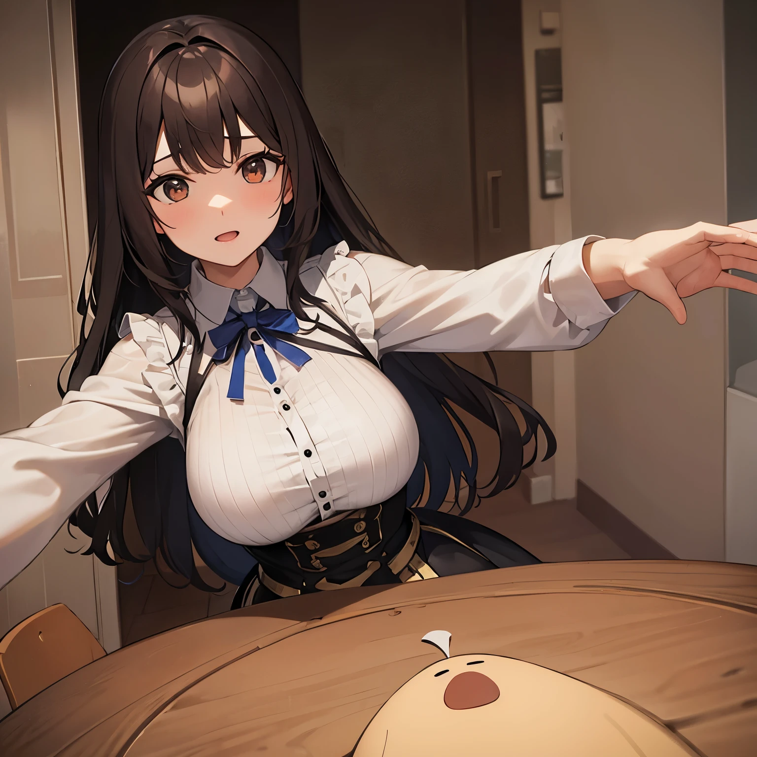 2person ,1girl, Grab 1boy's arm,Press to the chest,Blue Hair, Twin tails, Hair between the eyes, hair bow, eyebrows visible through hair,nipple, , {{{man hand on breasts,}}},, orgasm, portrait, best quality, very aesthetic,