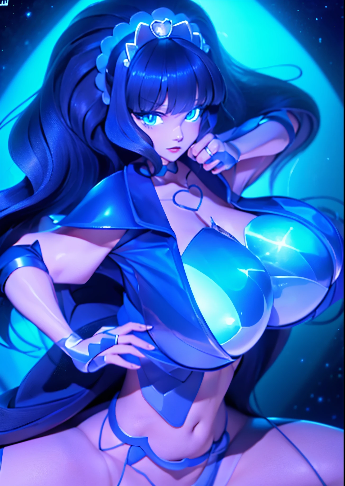 Must Piece, (Solo Work: 1.1), Perfect Face, (Bright Lighting: 1.2), Beautiful Eyes, Beautifully Detailed Face, Perfect Lighting, Absolutely Necessary for the Work, TopQuality
8K,high quality,animated,clean,bright,highlights in eyes,beautiful line drawing. She has poor breasts, blue skin, blue and orange gradient ear fins, shiny blue skin, silver tiara on her head, meek, jet black hair, long hair,