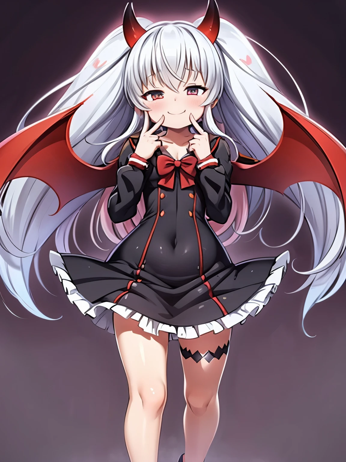 (grim aloe), demon horns, demon wings, demon tail, black dress, dynamic pose, full body, light smile, blush, stylish pose, (masterpiece), (best quality), (ultra-detailed), (illustration), (an extremely delicate and beautiful), game cg, beautiful eyes, heart-shaped eyes, dynamic angle, intense angle, fingersmile, finger to mouth,