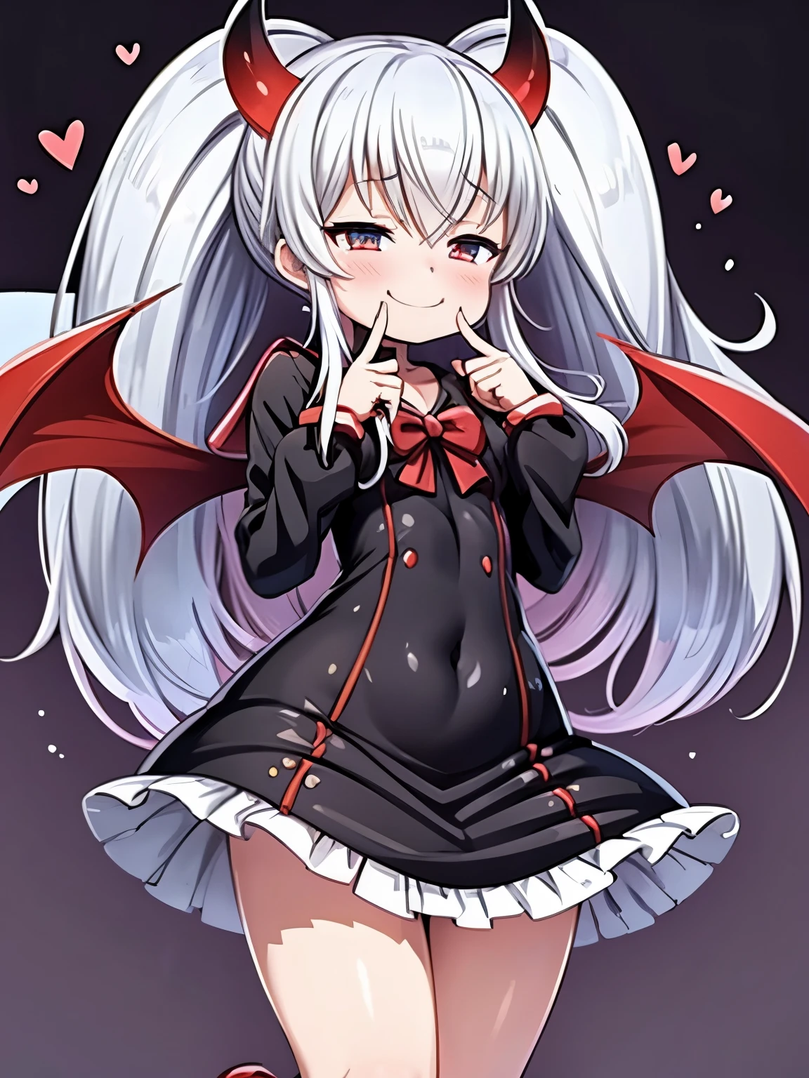 (grim aloe), demon horns, demon wings, demon tail, black dress, dynamic pose, full body, light smile, blush, stylish pose, (masterpiece), (best quality), (ultra-detailed), (illustration), (an extremely delicate and beautiful), game cg, beautiful eyes, heart-shaped eyes, dynamic angle, intense angle, fingersmile, finger to mouth,