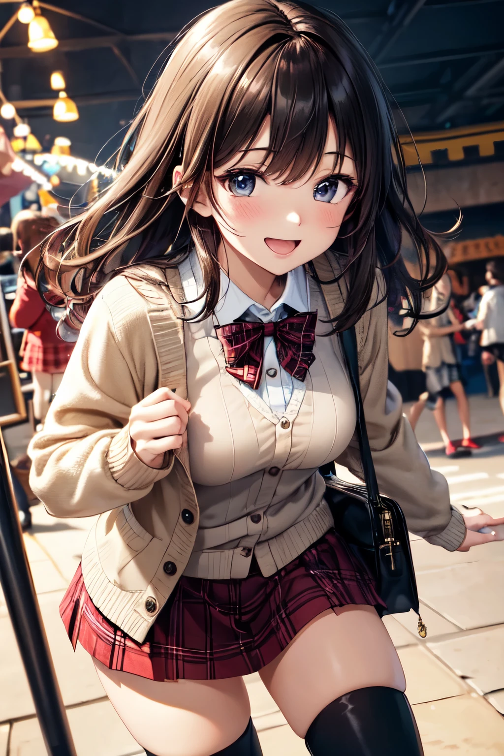 very cute and beautiful girl in amusement park ride,(highly detailed beautiful face),(white blouse), laugh,happy,(beige cardigan:1.2) BREAK zettai ryouiki,(plaid brown mini skirt:1.2), hair ornament,black hair,(black shoulder bag),(black boots), (best quality,masterpiece:1.2),absurdres,highres,ultra-detailed,extremely detailed,32k,8k resolution, intricate details,cinematic scene,detailed background,solo,dynamic angle,