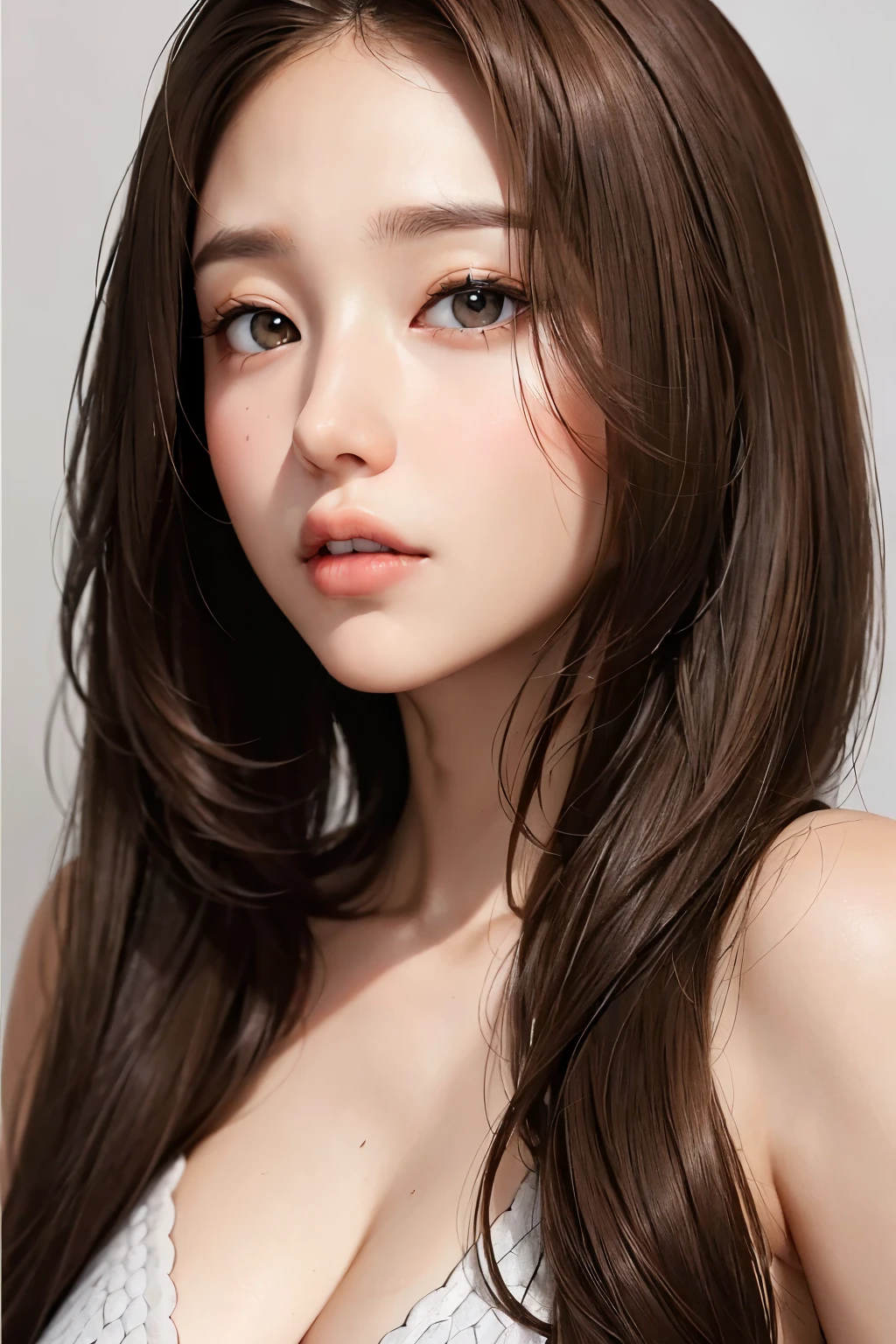 Girl, long soft brown hair, gray eyes, sharp features, white skin.
