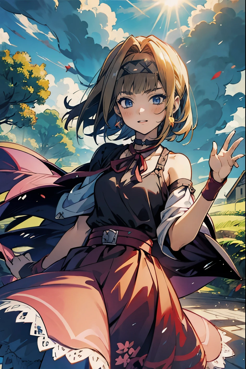 masutepiece, Best Quality, Ultra-detailed, tenza, jigokuraku, 1 girl, blonde hair, Gray eyes, showa town, fantasy world, ruins, fort, beautiful sky, shining sky, sunshine, waving, hair ribbon, belt, choker, black choker, wind blowing dress, lace dress, earrings, off-shoulder sleeves, wool sweaters, Chest exposure, Lace underwear, metamorphosis is exposed, both hands, perfect fingers, five fingers, beautiful eyes