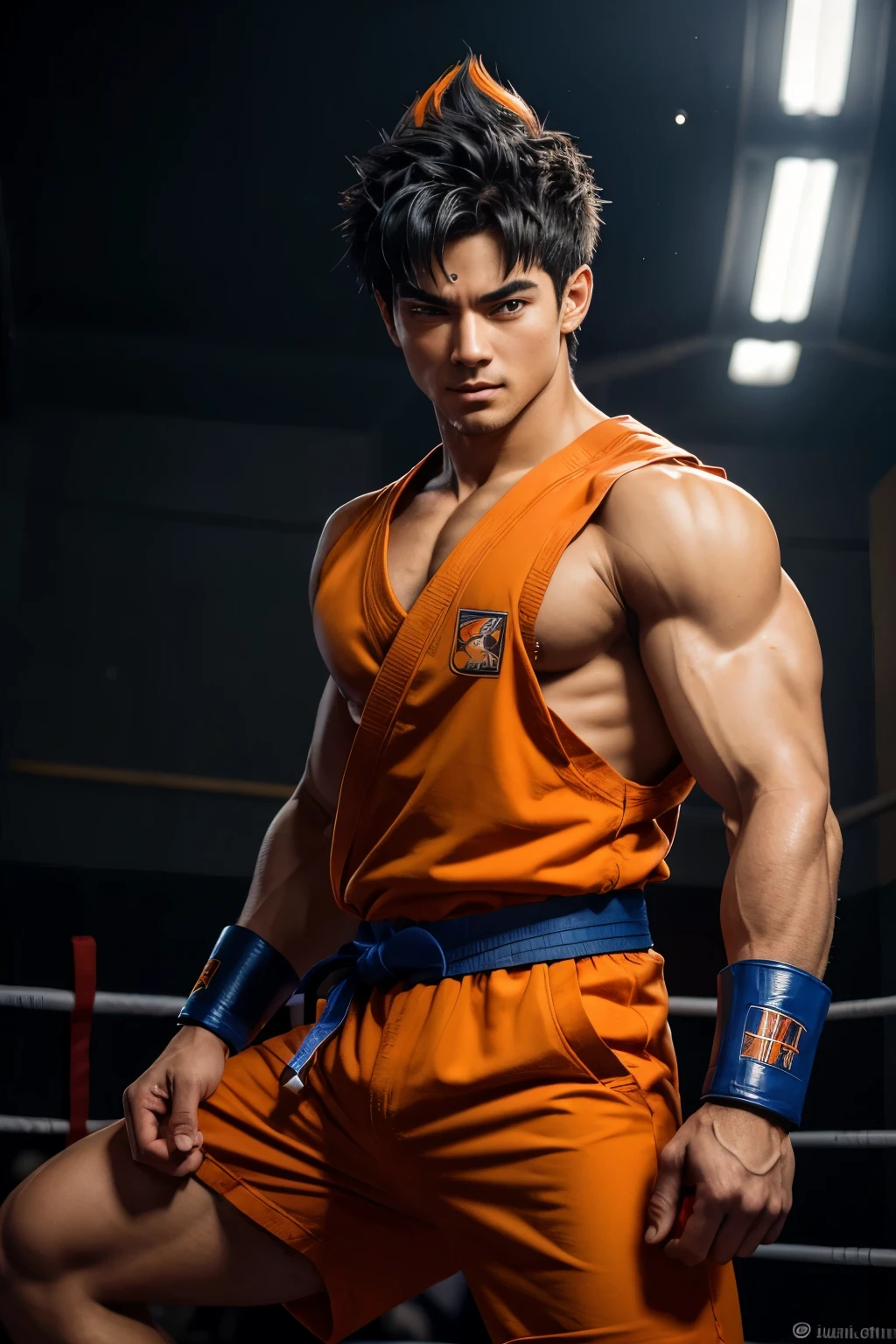 ((Obra maestra)), ((Mejor calidad:1.2)), high resolution, 8K, (ultra_realista:1.3), (photorealista:1.4), (modelo de instagram, elegante:1.2), Goku tiene cabello negro y puntiagudo que se levanta hacia arriba en varios picos, un rostro ovalado con ojos grandes y rasgados de color negro, thin, black eyebrows that are often raised in an expression of determination or enthusiasm, a small nose and a mouth that is usually curved into a confident smile, He has a muscular and athletic body due to his constant training and the battles he has faced., although it is not excessively bulky and has an agile and flexible figure, Usualmente viste un uniforme de artes marciales naranja y azul, wearing an orange gi with blue details and a black belt, una camiseta ajustada de color azul oscuro debajo del gi, botas de combate blancas y una cola de mono que sobresale de su parte trasera. Besides, lleva accesorios como botas de combate y una diadema roja, Goku suele mantener una postura relajada y confiada, but he becomes more upright and energetic when he is fighting or facing a challenge, Sus gestos son expresivos y reflejan su personalidad apasionada y valiente.