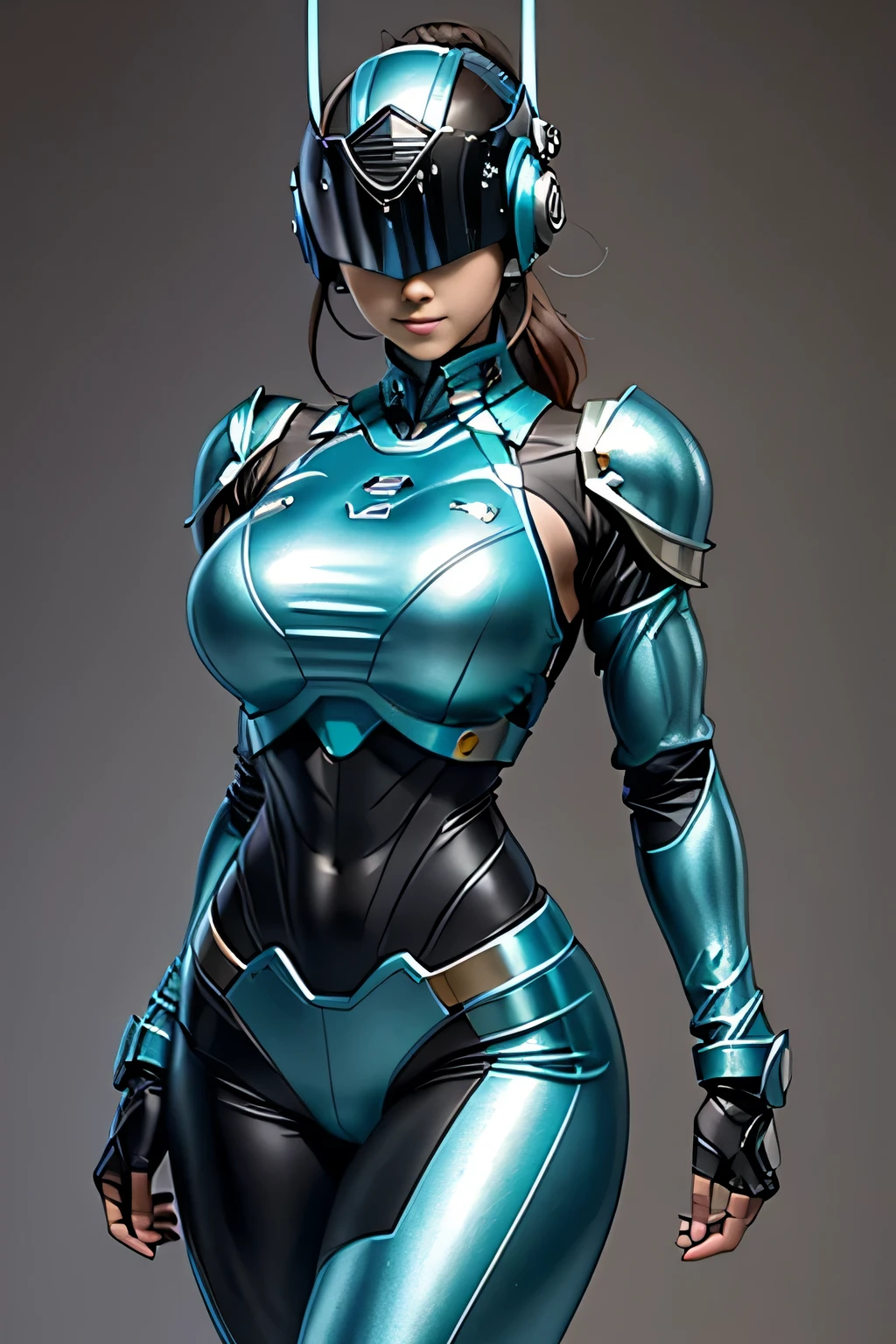 female robocop solo、Armor that completely covers the whole body、very large armor、helmet to hide eyes、metallic aqua blue armor、Armor that completely covers the chest、thin and long legs、Vibrant posel body view