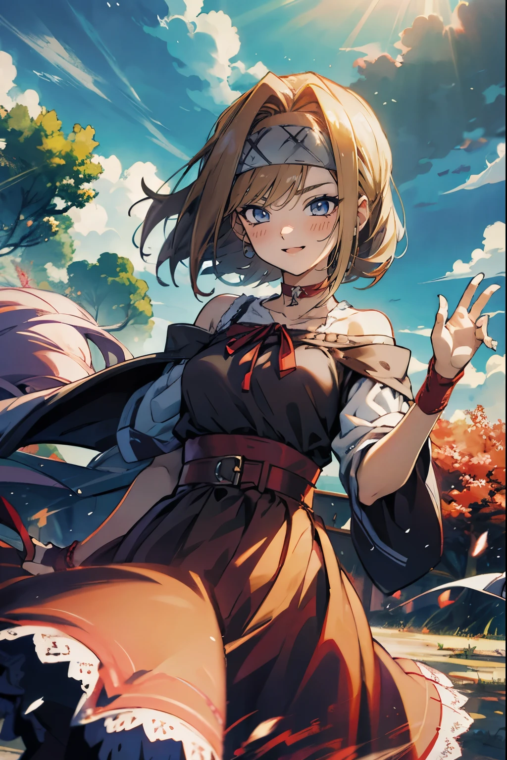 masutepiece, Best Quality, Ultra-detailed, tenza, jigokuraku, 1 girl, blonde hair, Gray eyes, showa town, fantasy world, ruins, fort, beautiful sky, shining sky, sunshine, waving, hair ribbon, red ribbon, belt, choker, black choker, wind blowing dress, lace dress, earrings, off-shoulder sleeves, wool sweaters, Chest exposure, Lace underwear, metamorphosis is exposed, both hands, perfect fingers, five fingers, beautiful eyes