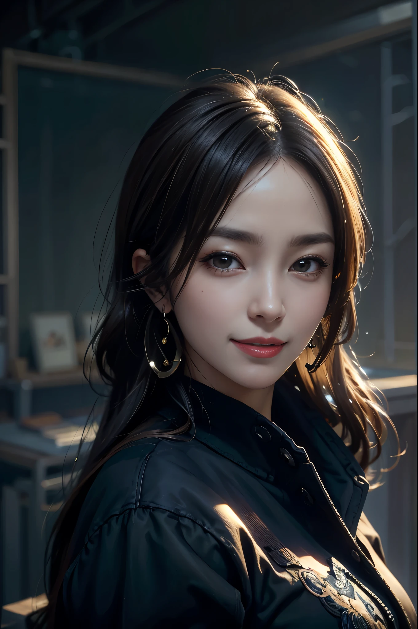 (NSFW), ultra high resolution, masterpiece, highest quality, portrait, facial portrait, perfect lighting, detailed lighting, dramatic shadow, ray tracing, 1 Japanese beautiful mature lady, 40 years old, Voluptuous, cleavage, plump body type, beautiful detailed brown eyes, red lips, big tits, big ass, big thick thighs, abs, muscle, long straight hair, black hair, earrings, half open mouth, smiling,