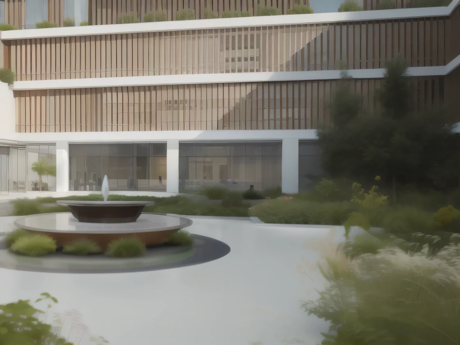 representation of a courtyard with a bench and fountain in the middle, architectural rendering, architectural renderinging, architectural visualization, artistic print, green terrace, grande angular exterior 2022, inspirado em David Chipperfield, low angle dimetric rendering, medical research facility, architectural rendering, renderizado em enscape, award-winning rendering, detailed rendering