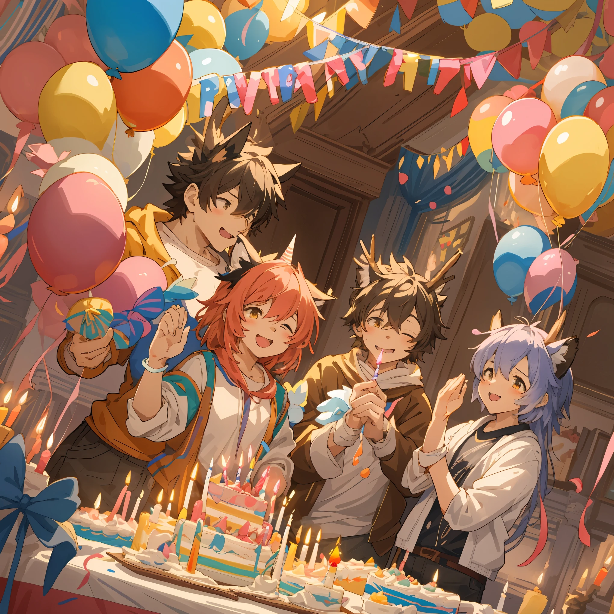 cover page, anime key visual, highres, top quality, best quality, paid reward available, High-quality illustrations, unparalleled masterpiece, perfect artwork, absurdres(A family at a birthday party,  blowing out candles on a birthday cake)(room decorated with balloons and streamers, festive and colorful atmosphere)(kemono parents of diverse descents smiling and clapping)perfect anatomy, cake with candles and colorful icing, joyful and celebratory mood, special family moment, fan-created work shared on platforms Pixiv or Twitter, cinematic lighting, dynamic angle,