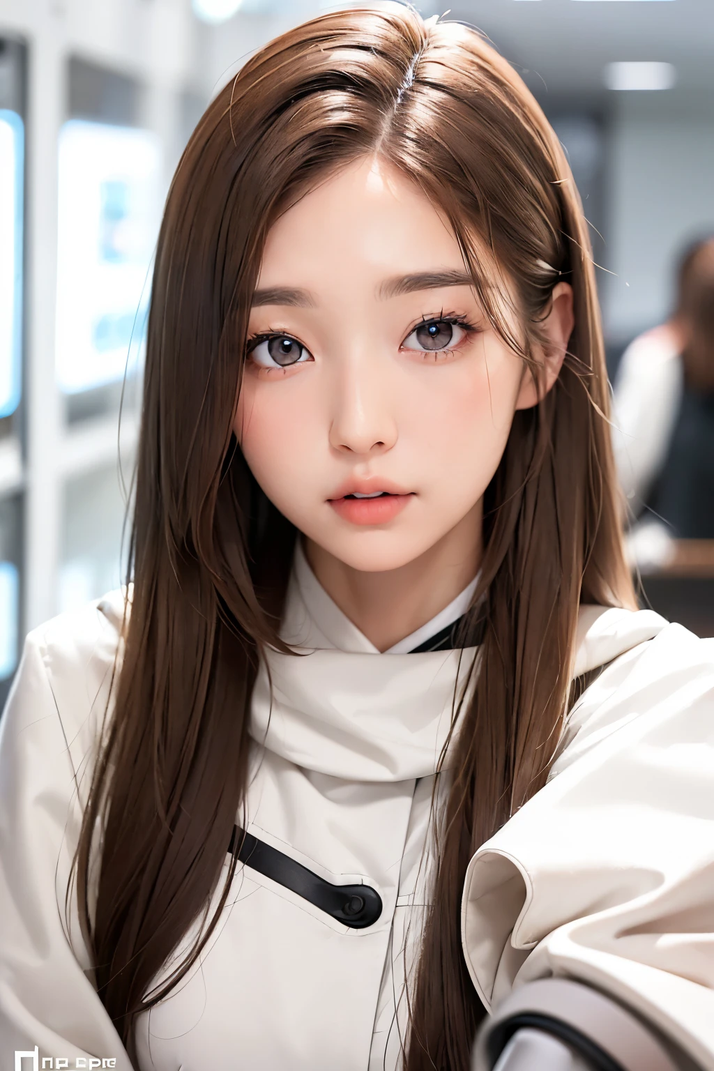 Girl, long soft brown hair, gray eyes, sharp features, white skin, winter uniform