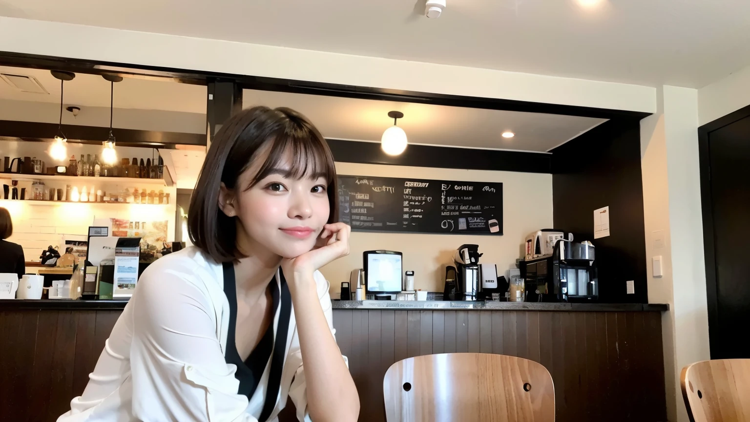(最high quality、8k、32K、masterpiece:1.2)、A photo of a female college student who looks like a cute model、normal breasts、short bob hair、Upper body、face focus、recruitment suit、necklace、look at the audience、background a trendy coffee shop with a unique aesthetic and atmosphere. Incorporate elements like modern furniture, artistic decoration, and ambient lighting to enhance the ambiance. People who enjoy drinks々Consider including, engaging in conversation, or quietly working on laptops. Let your creativity flow、In this chic café setting「stable diffusion」Let the idea come to life, I can see other customers enjoying themselves too..。At the back of the cafe、Staff are busy working at the counter.、Feel the vibrancy and warmth of a city cafe.., sharp focus, 1 girl, sexy 1.2, brown hair, With bangs, fine eyes, Beautiful eyes with long slits, double eyelid, (cat face), (cute Face), cute Smile, (close your mouth), (cute), soft skin, surreal, Super detailed, high quality, (Beautiful female college student with short hair studying in a cafe), ((詳細な非常にcute女子大生),