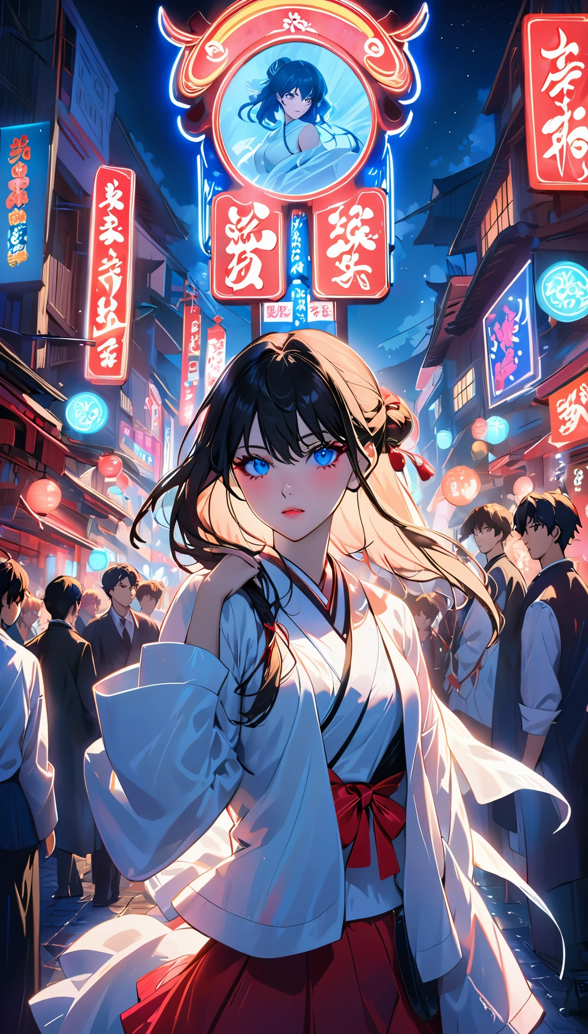 On the bustling streets of Gintama,Beautiful girl with hot makeup in school uniform, surrounded by traders, Beautiful portrait of a stunning goddess girl, Beautiful and delicate face, porcelain skin, Half-body shooting, center,(he is black,navel:1.2),((moonlight,night,big neon light,strong neon lights,edge lighting,two color lights))),