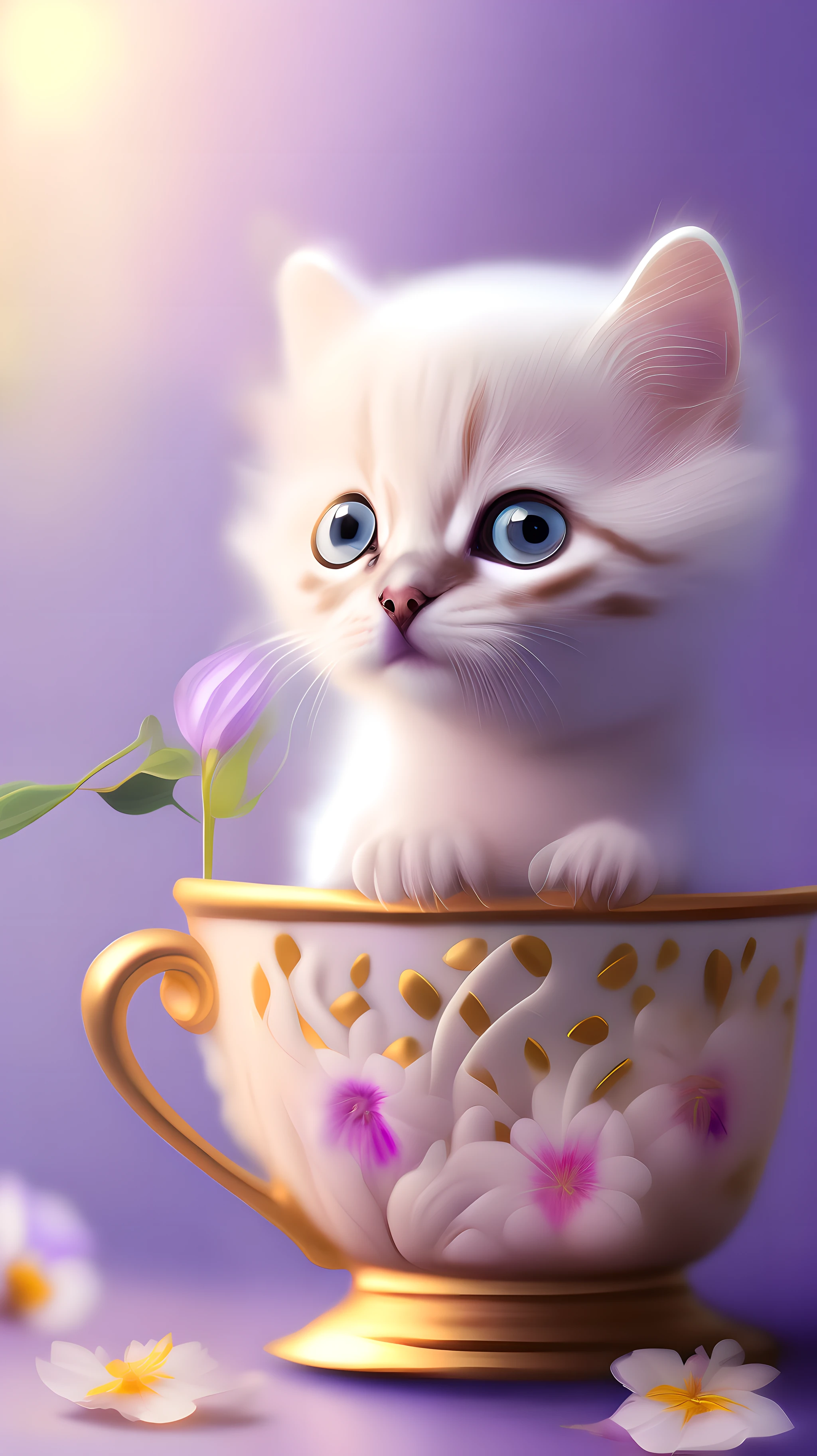 Very cute white tropical punk kitten, big eyes, in cup, laughter, Excited, flowers, Professional lighting, Depth of field 8K, purple and gold magic moment, professional photography, octane rendering, Surreal - stunning sunshine, dynamic composition, photography, sharp focus, background bokeh