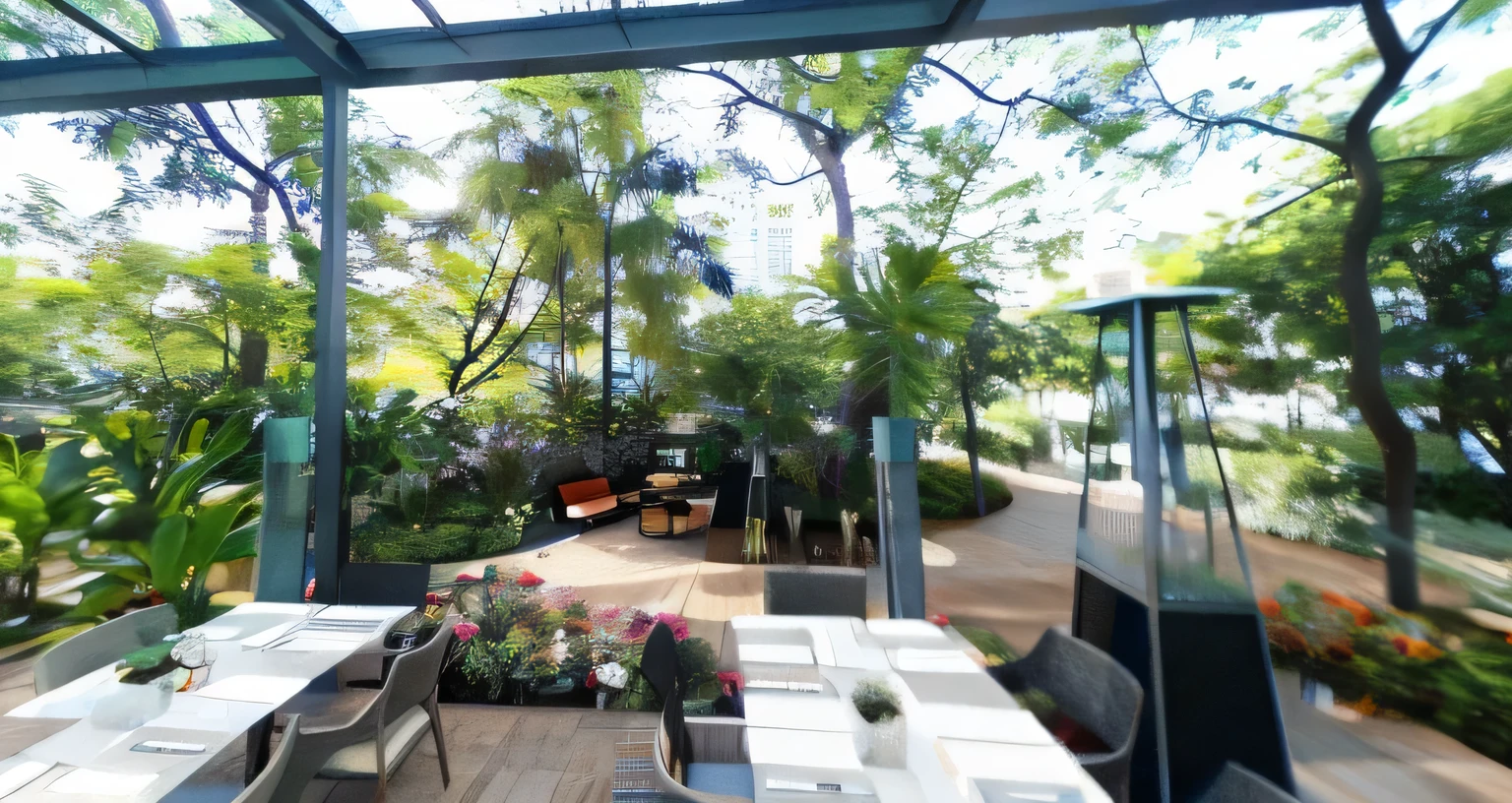 there is a table set for two outside, Na Sombra, parece realista, un restaurant avec une terrasse, Botanical Garden, garden scenery, exuberante ambiente de jardim, muito realista, terrace, courtyard, vista de rua do Google, found on vista de rua do Google, 3 6 0 capturas, vista da rua, Jardins, 3 6 0 panorama, Renderizar panorama 3 6 0, realmente realista