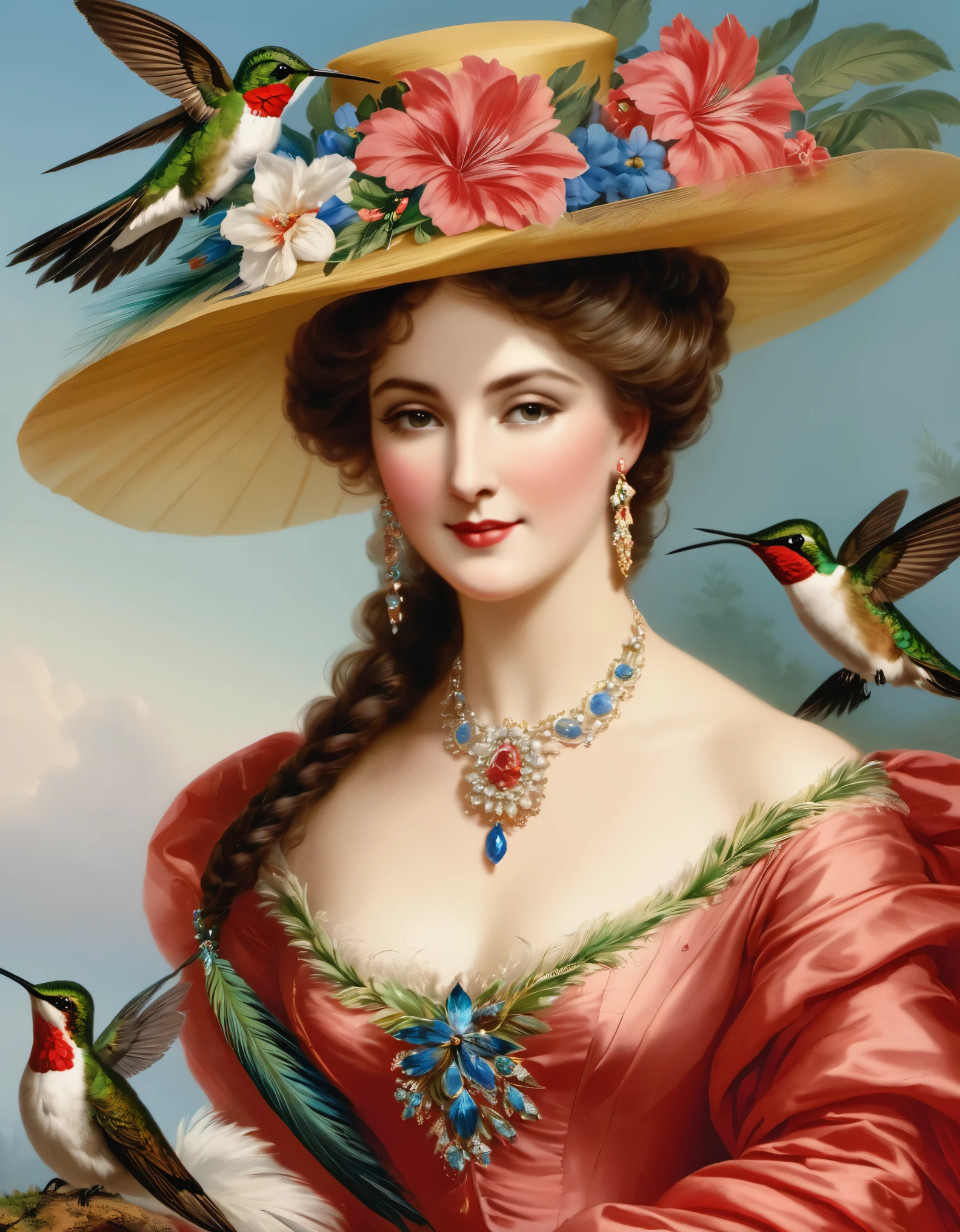 in the 19th century，European and American women often use hummingbird feathers as hat accessories，Hummingbird lands on shoulder