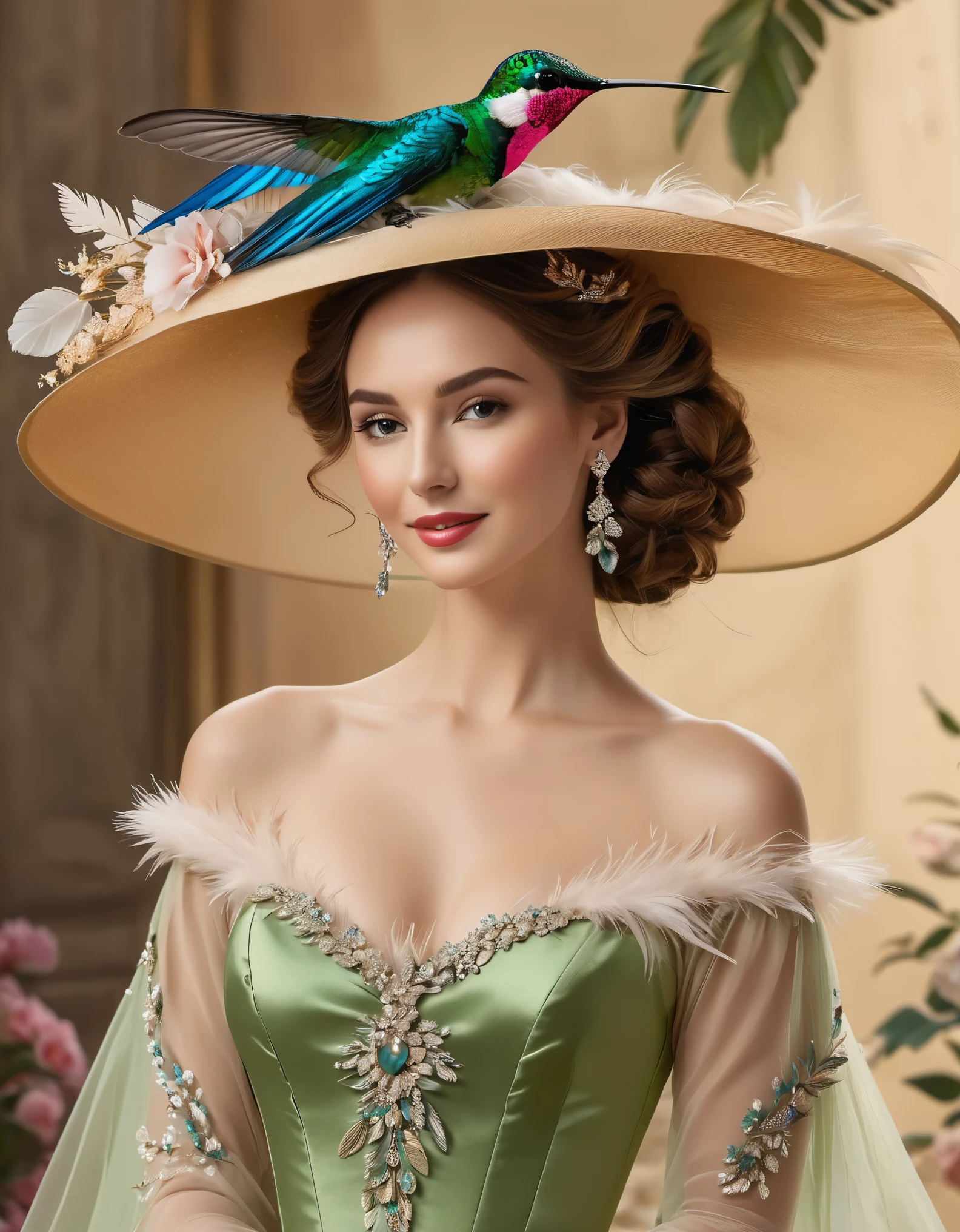 in the 19th century，European and American women often use hummingbird feathers as hat accessories，Hummingbird lands on shoulder