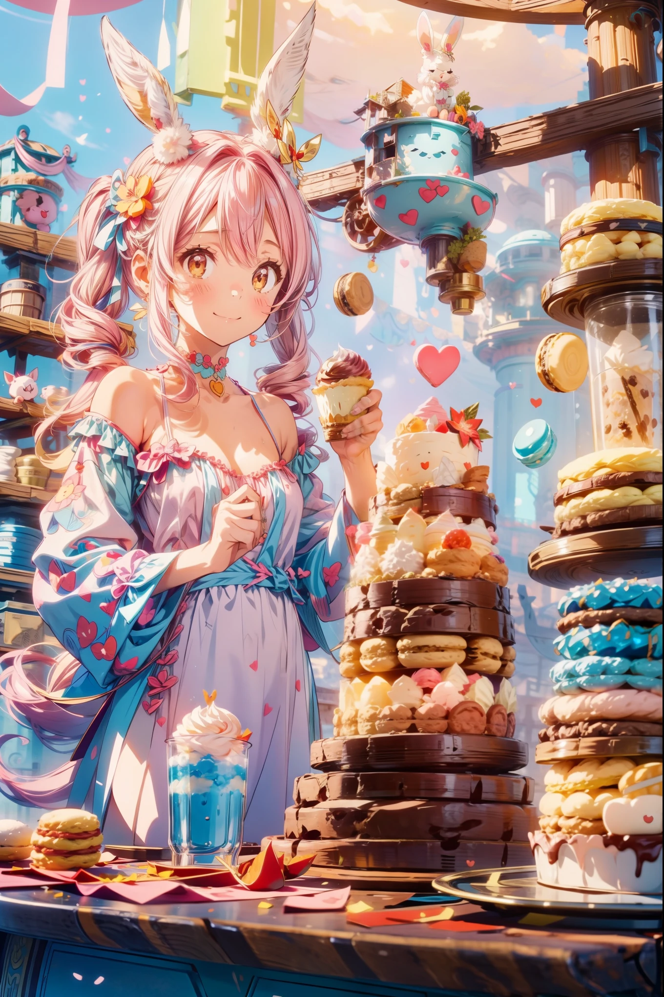 (cute illustration:1.5), There's also a rabbit. , cute  with rabbit ears, hair color is pink , blue pastel costume、fluffyの白ウサギを抱きしめる、Tea party、cake、 Macaron、donut、cookie、black tea、cute、cute 、sweet、fluffy、sweet、pale hue