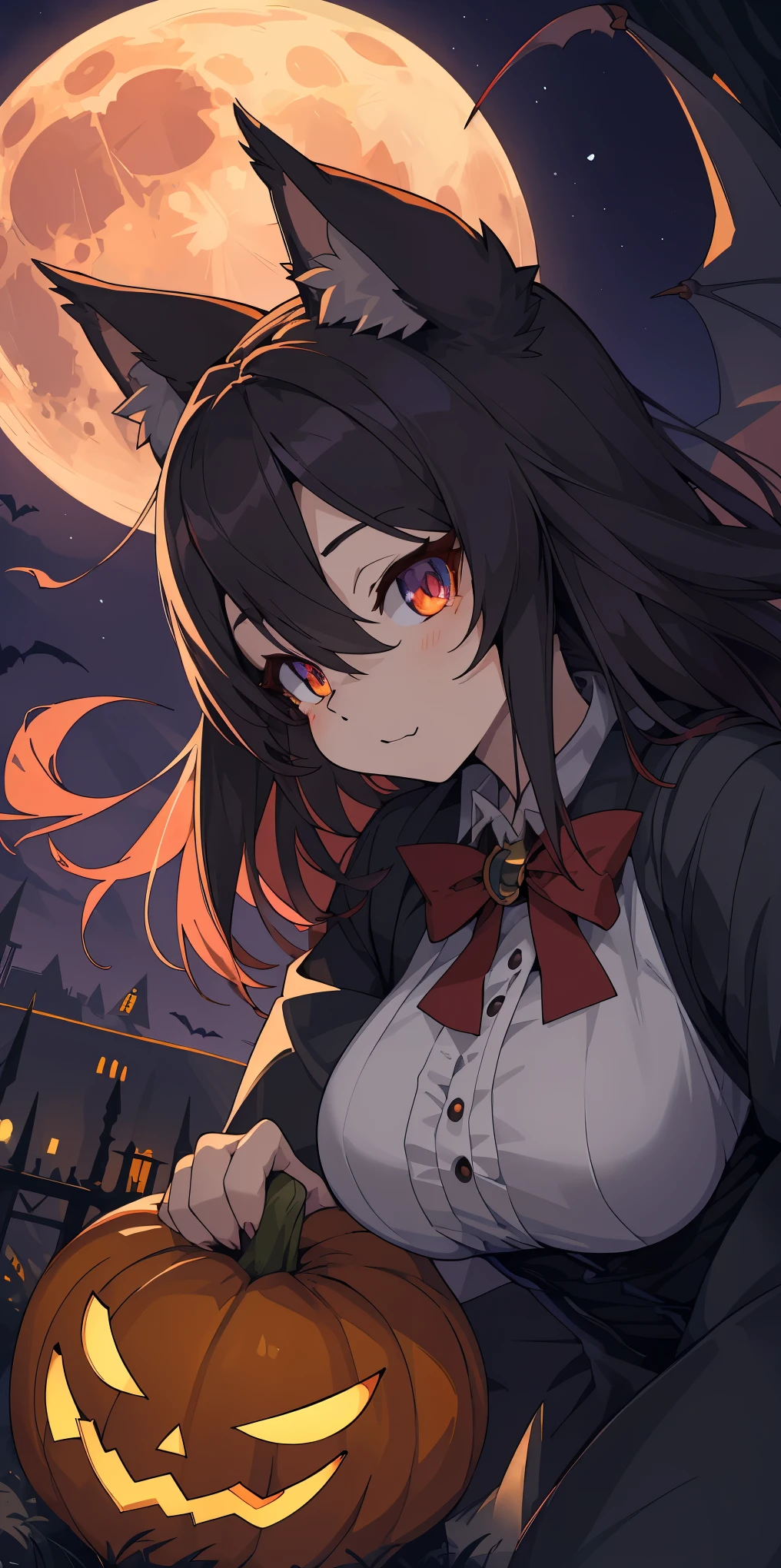 (epic, dynamic angle)top quality, best quality, High-quality illustrations, masterpiece, While creating a Halloween atmosphere, vampire with furry elements, (kemono, super cute girl, solo focus)(furry anthro)(highly detailed beautiful face and eyes)absurdres, perfect anatomy, Scene of a red full moon with a strong horror color,