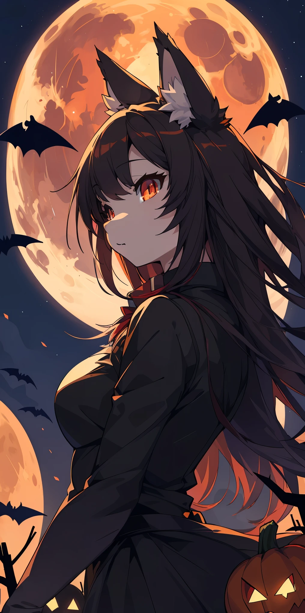 (epic, dynamic angle)top quality, best quality, High-quality illustrations, masterpiece, While creating a Halloween atmosphere, vampire with furry elements, (kemono, super cute girl, solo focus)(furry anthro)(highly detailed beautiful face and eyes)absurdres, perfect anatomy, Scene of a red full moon with a strong horror color,