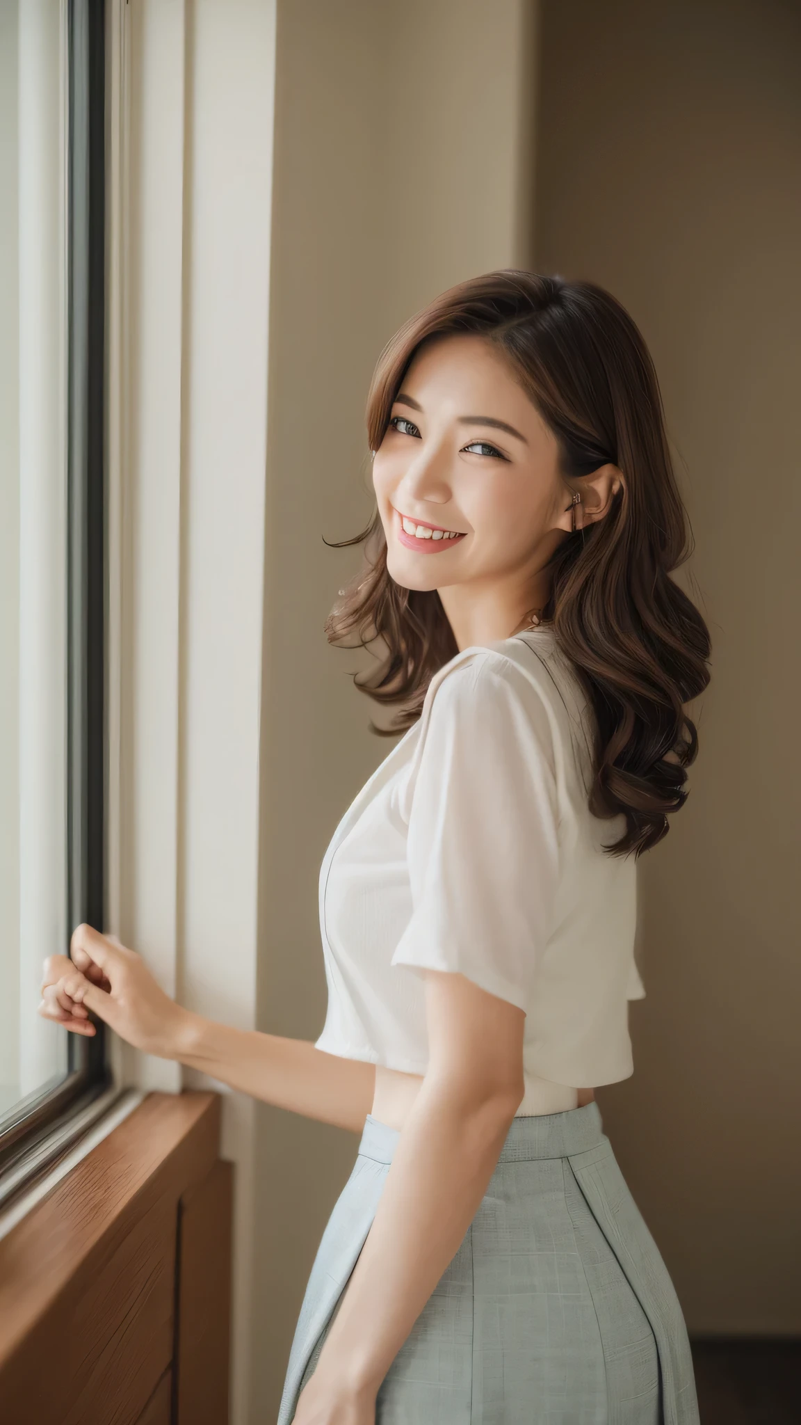 ((highest quality、8k、masterpiece:1.3))、1 girl、The beauty of slim abs:1.3、(hairstyle casual、huge tit:1.2)、super detailed face、delicate eyes、double eyelid、laughter、Home、vest、alcohol、45 years old、housewife、smile、The wife next door、charm、cleavage、big ass、skirt、About 40、Rear view、Homeの窓、