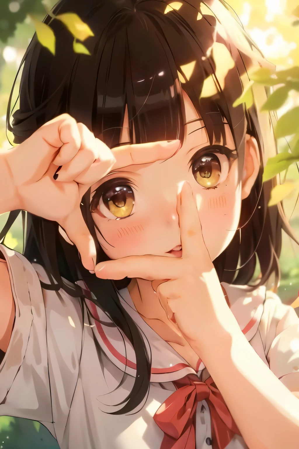 anime girl with black hair and brown eyes covering her eyes, anime style 4K, anime visual of a cute girl, cute natural anime face, anime! 4K, anime! 4k, 4K manga wallpaper, cute realistic portrait, cute anime girl, cute anime face, detailed digital anime art, anime style. 8k, cute anime girl portrait, beautiful anime portrait
