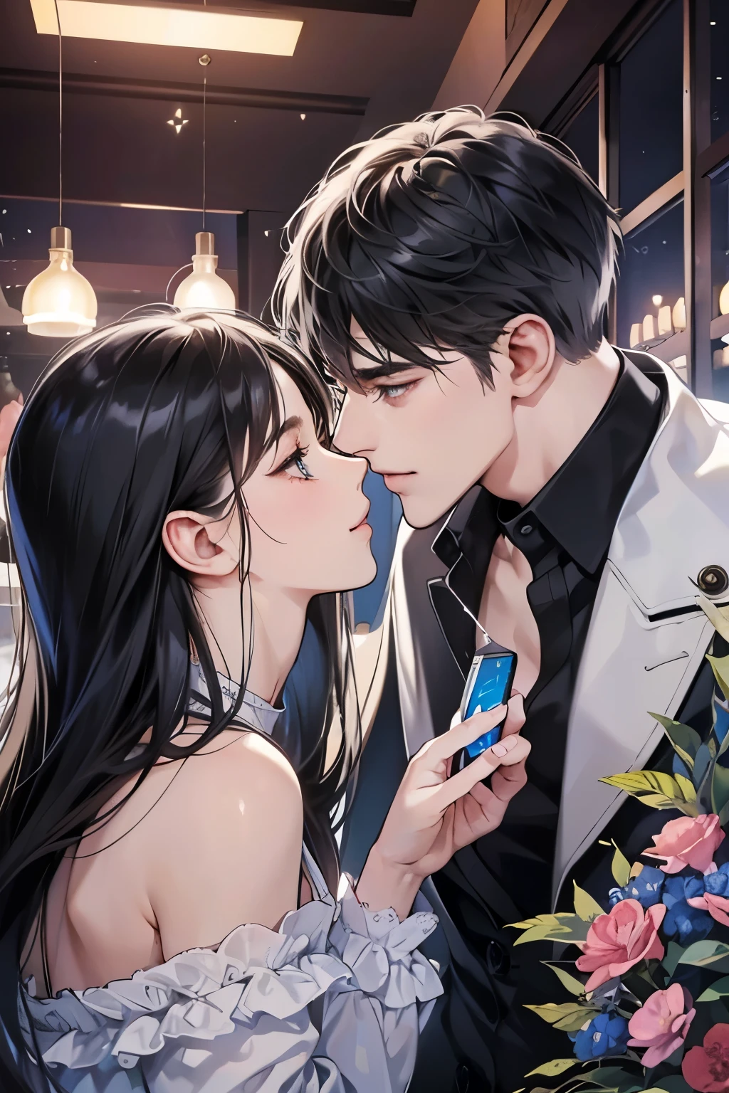 (table top, digital art, digital illustration, 4k, 8k, Super detailed, beautiful images, clear image, realistic, RAW photo, perfect face, perfect lines, perfect eyes, soft lighting) ,1 female, (long black hair,straight hair,bullish look,Beautiful woman,small breastake up well,23 years old,:1.3),Two handsome men in suits, (human,muscular,solid shoulder width, human,boyish hairstyle,british gentleman's style,A man in his 30s with a cool expression,28 year old man with a bright 笑顔:1.2),Show your white teeth and 笑顔(embarrassing,shy smile:1.1),garden full of light、Squirting、resort sofa、colorful flowers、couple、coupleキス、romance porn、ハグし合うcouple、look at each other、bar、bar、counter