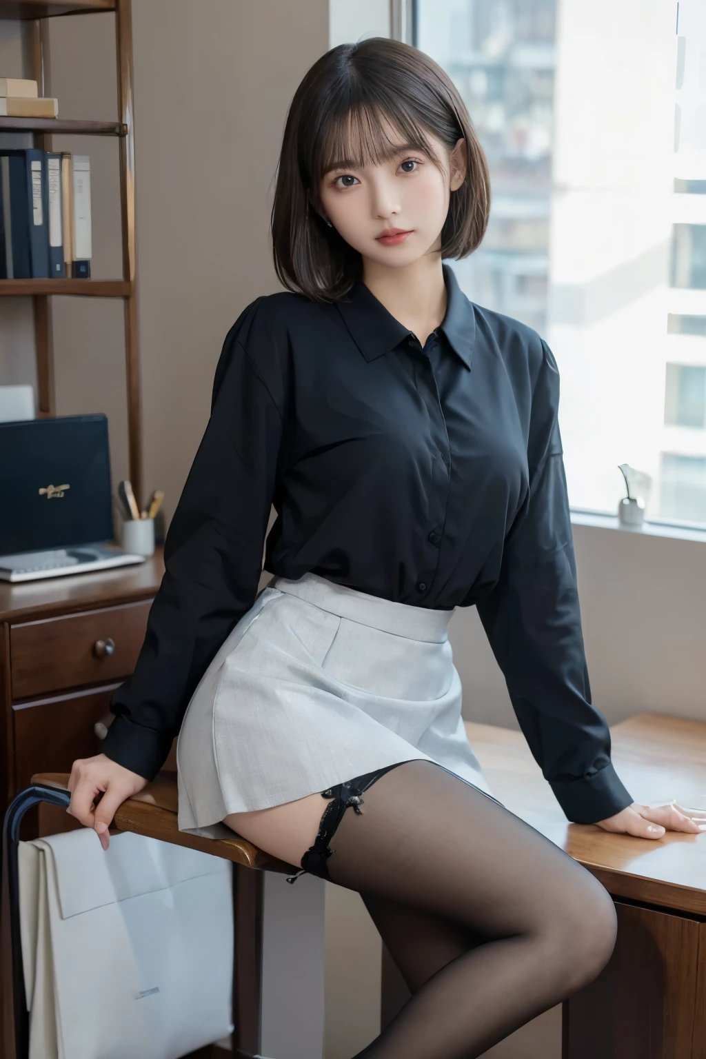 (Elite secretary in light lingerie), sit on chair，working in office、 (wear pantyhose)、(short layer hair)、legs crossed, Wear high-end high heels、 (stockings and skirt), shirt secretary, merchant,  wear a shirt and skirt, Professional attire, business attire, original photo, (8k、top quality、masterpiece:1.2)、(intricate details:1.4)、(Realism:1.4)、Octane number renderings、Complex 3D renderings with ultra-details,  Vibrant details, Super details, Realistic skin texture, Detailed production, beautiful details eyes, Very detailed CG Unity 16k wallpaper, Makeup - Makeup, (Detailed background:1.2), shiny skin、bare on thighs!!!,