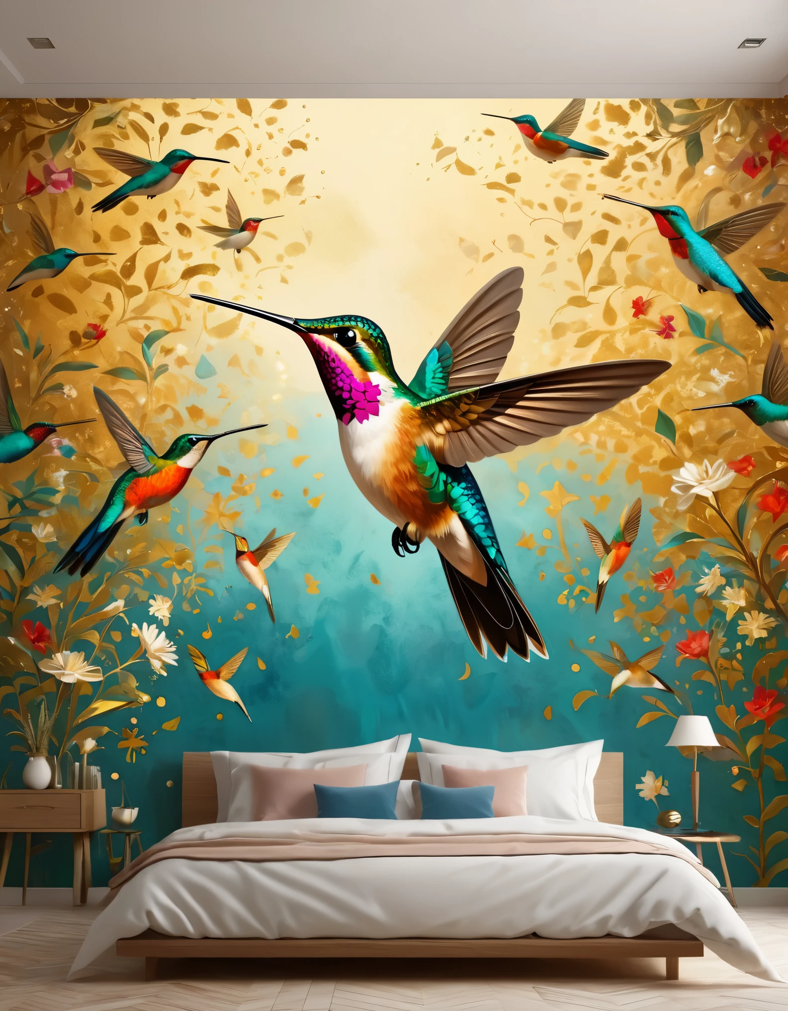 Hummingbird mural art style, beautiful painting, imagination, installation art, Minoan mural, 3d rendering, rendered with octane, Corona rendering, V-Ray, high detail, surrealism, HD, 16K, tilt-shift, medium view, split lighting,