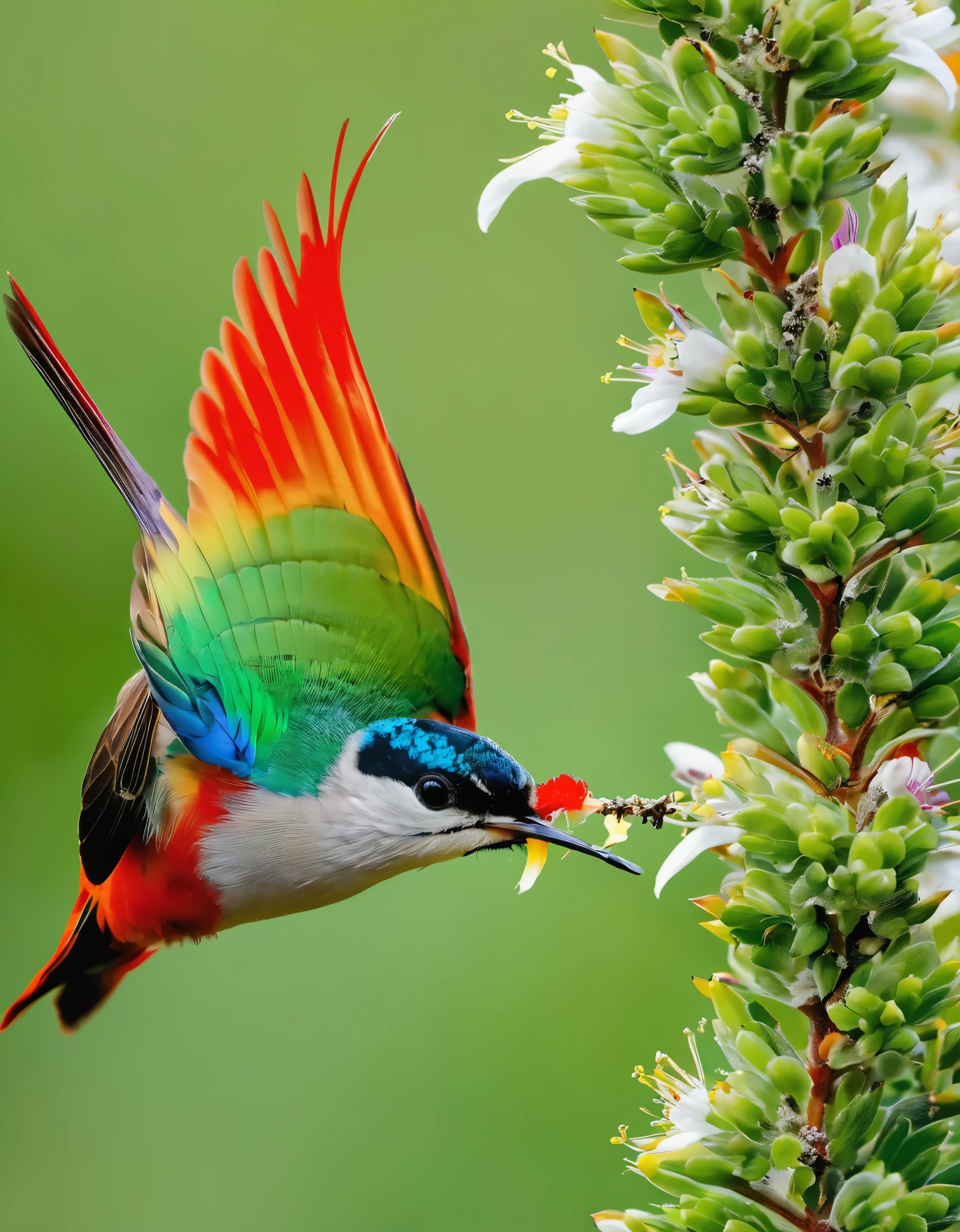 Bee-sucking bird for example，The throat of the male bird is bright red，Rainbow-colored feathers on neck，The belly is white，A blue-green sheen shines on the back。The female bird is slightly worse in appearance，Upper body green，The lower body is light gray，white on both sides。