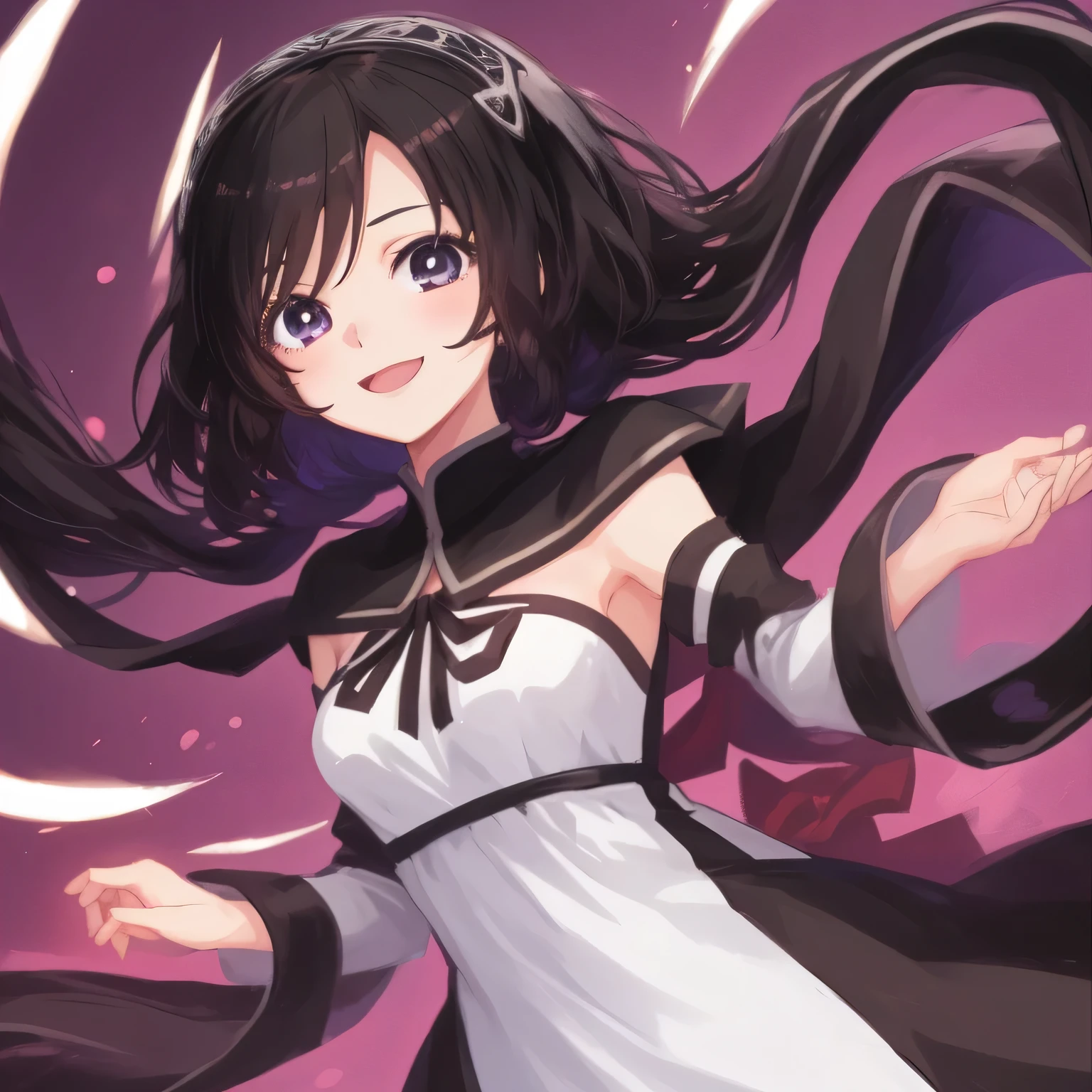 1girl, anime, medium_black_hair, black_eyes, small_breasts, cheerful, katara_dress, white_background, looking_at_viewer
