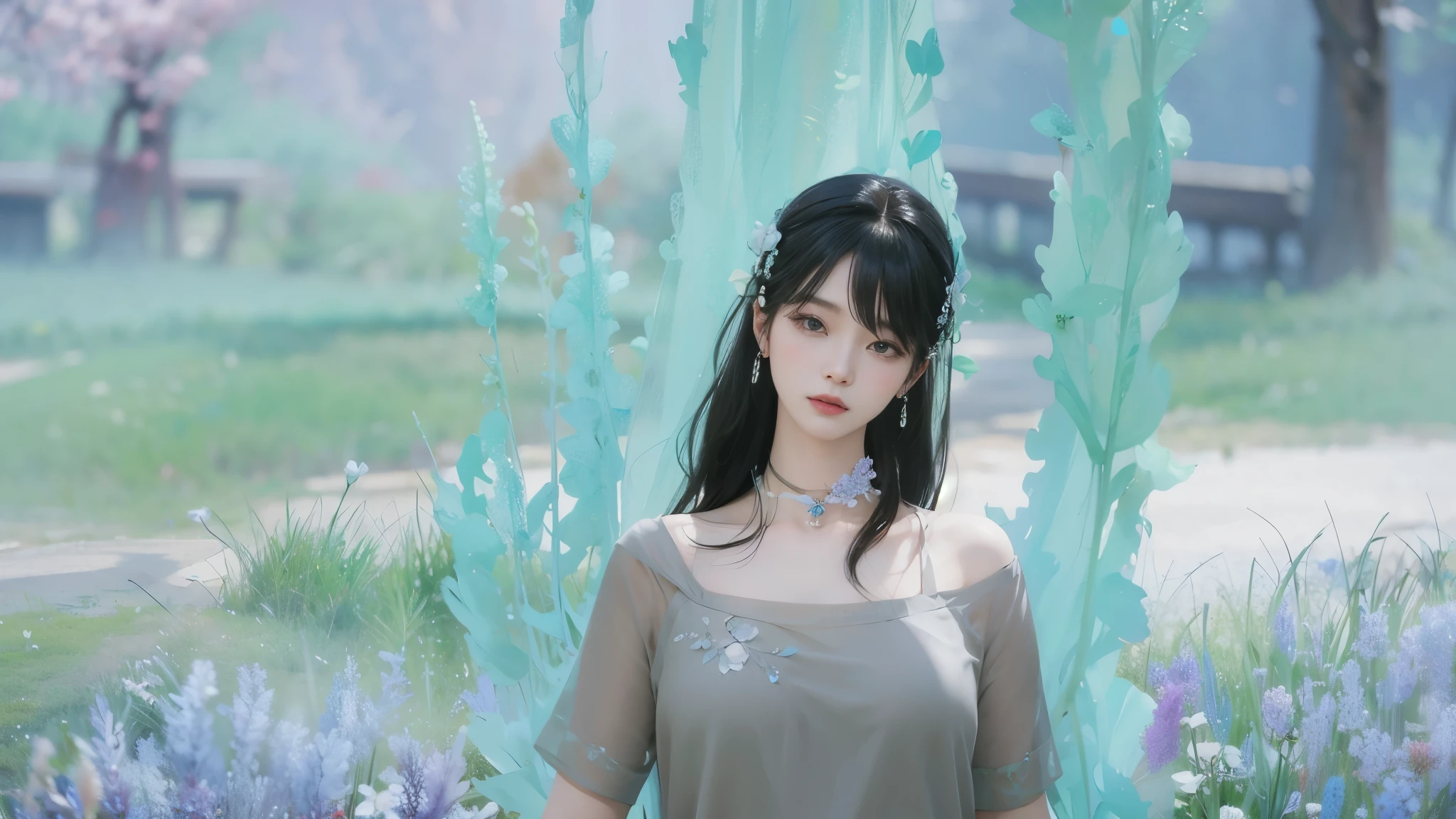 il y a une femme debout dans un champ de fleurs avec un collier, inspired by Sim Sa-jeong, avatar de la seconde vie, inspired by Ma Yuanyu, inspired by Ren Renfa, Inspired by Ai Xuan, (((brume))), icey, inspired by Lü Ji, with ethereal blooming effects, portrait c 12.0, 8K))