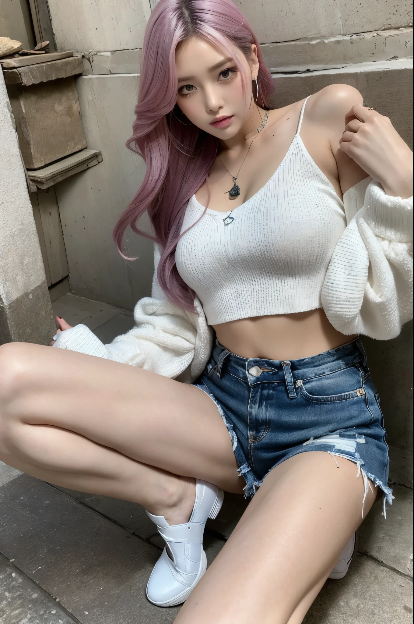 ulzzang-6500-v1.1, (RAW photo:1.2), (photogenuineistic), ( genuine: 1.4), (muste piece), ((highest quality, 8k, masterpiece: 1.3)), sharp focus: 1.5, The beauty of fluorescent tops, shorts, Gorgeous gravure idol, pink eyeliner under the eyes, Small devil, grace、sexy pose、full body shot:1.2