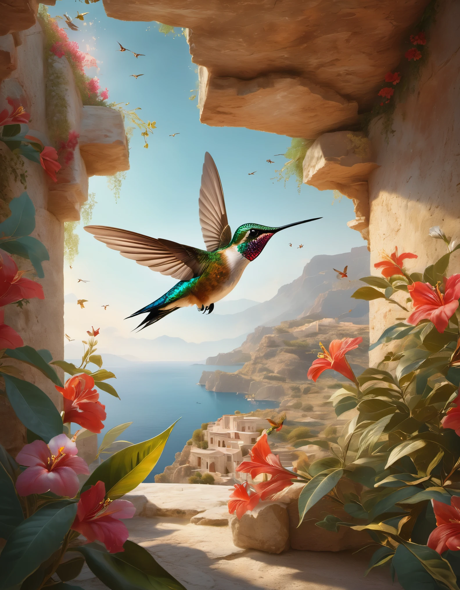 Hummingbird fresco art style, beautiful painting, imagination, installation art, Minoan fresco by Valerio Olgiati, captivating atmosphere, Unreal Engine, octane rendering, rendering with octane, Corona rendering, V-Ray, high detail, surrealism, HD, 16K, tilt-shift, medium view, split lighting,