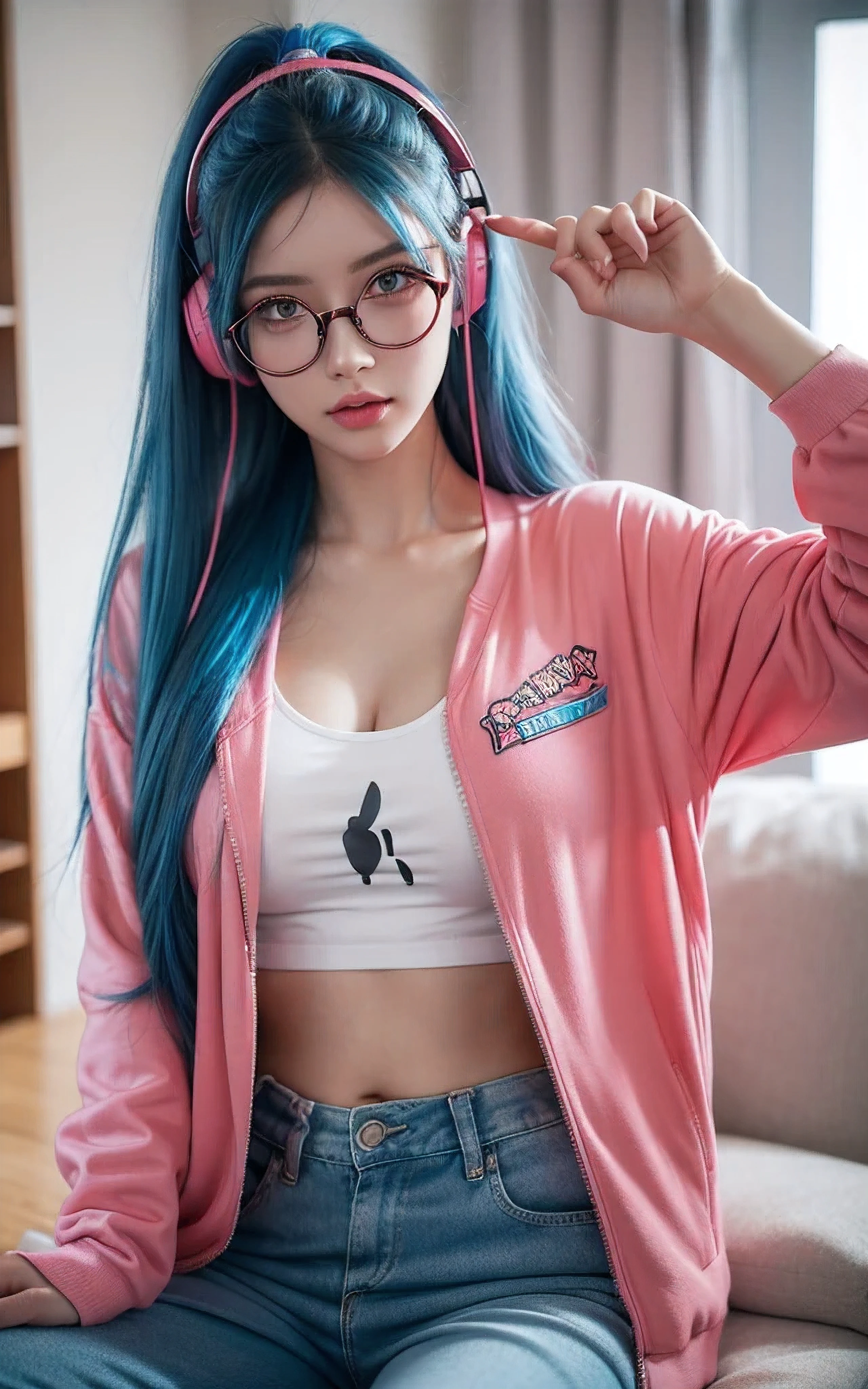 Beautiful woman, huge big breast, long hair, neon blue hair, using headphones, red eyes, glasses, pink jacket, pants, room, detailed eyes, random pose