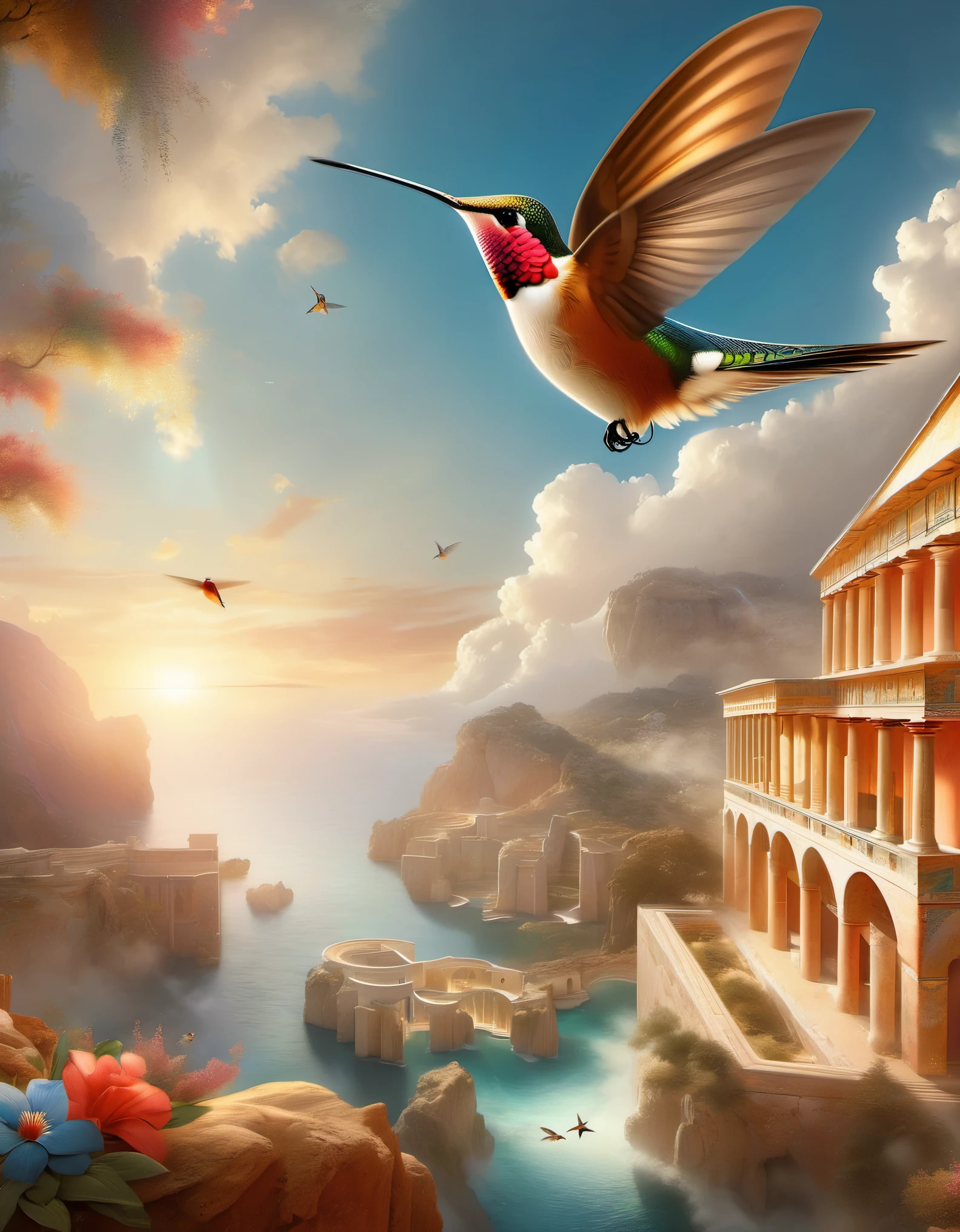 Hummingbird fresco art style, beautiful paintings, marvelous realism, imagination, ethereal fantasy, installation art, Minoan frescoes by Valerio Olgiati, captivating ambiance, Unreal Engine, octane rendering, rendering with octane, Corona rendering, V-Ray, high detail, trending on art stations, surrealism, HD, 16K, tilt-shift, medium view, split lighting,