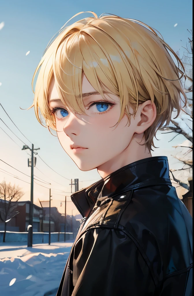 Portrait of a beautiful European boy,alone,,beautiful face,medium curl cut, blonde hair, sharp focus,snow day,cold,long sleeve,long term,boy,from the front,facing forward,Upper body,turn towards me,blue eyes,