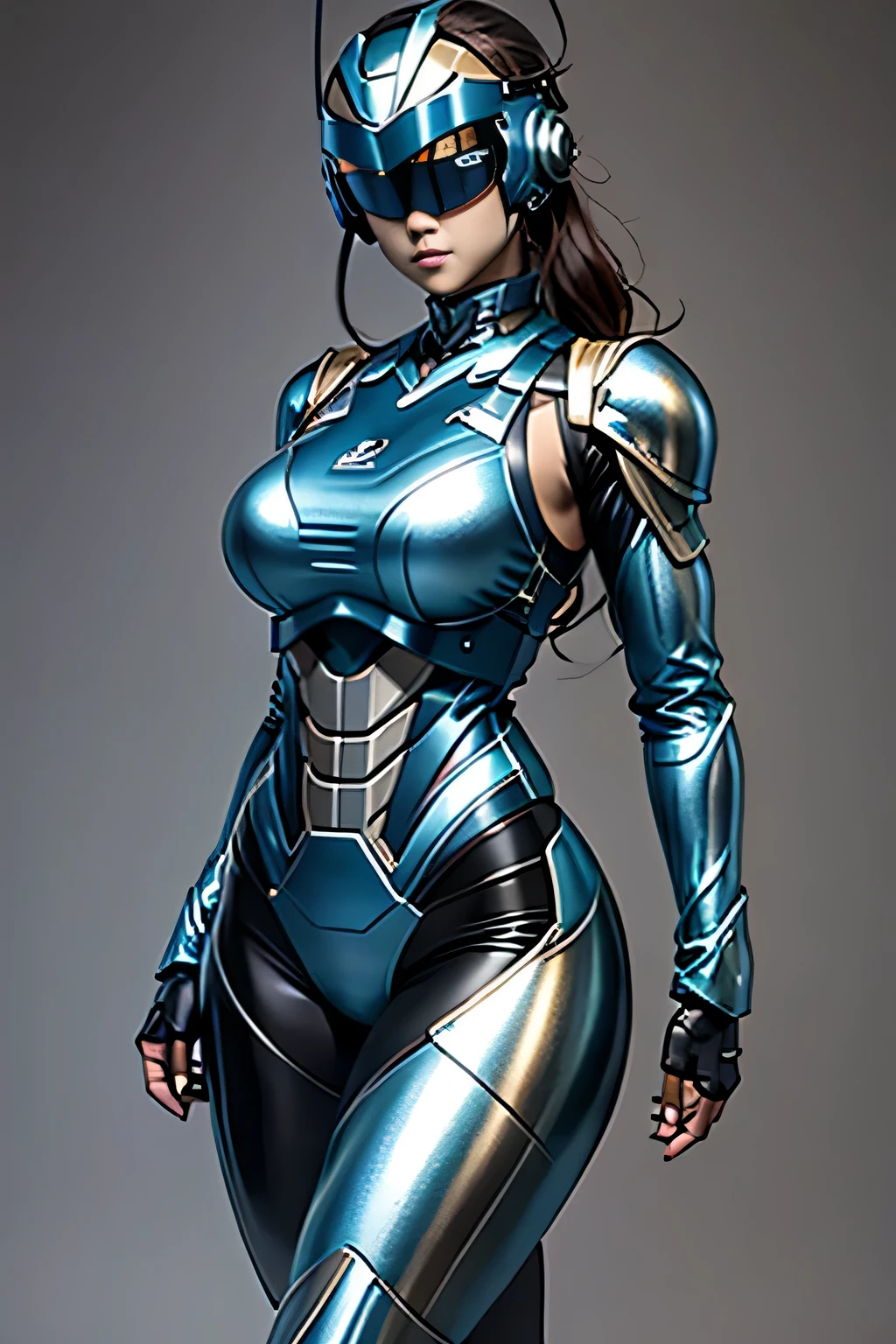 female robocop solo、Armor that completely covers the whole body、very large armor、helmet to hide eyes、metallic sky blue armor、Armor that completely covers the chest、thin and long legs、Vibrant posel body view